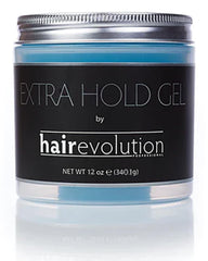 Hairevolution Extra Hold Gel bottle shows lightweight hold and glossy shine.