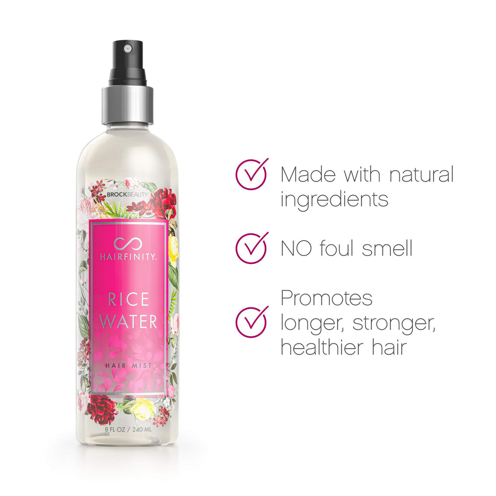 Hairfinity Rice Water Hair Mist ingredients highlight rice extract for elasticity.