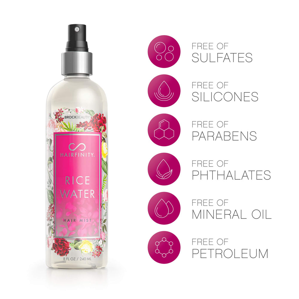 Hairfinity Rice Water Hair Mist silicone-free formula supports gentle conditioning for all hair types.