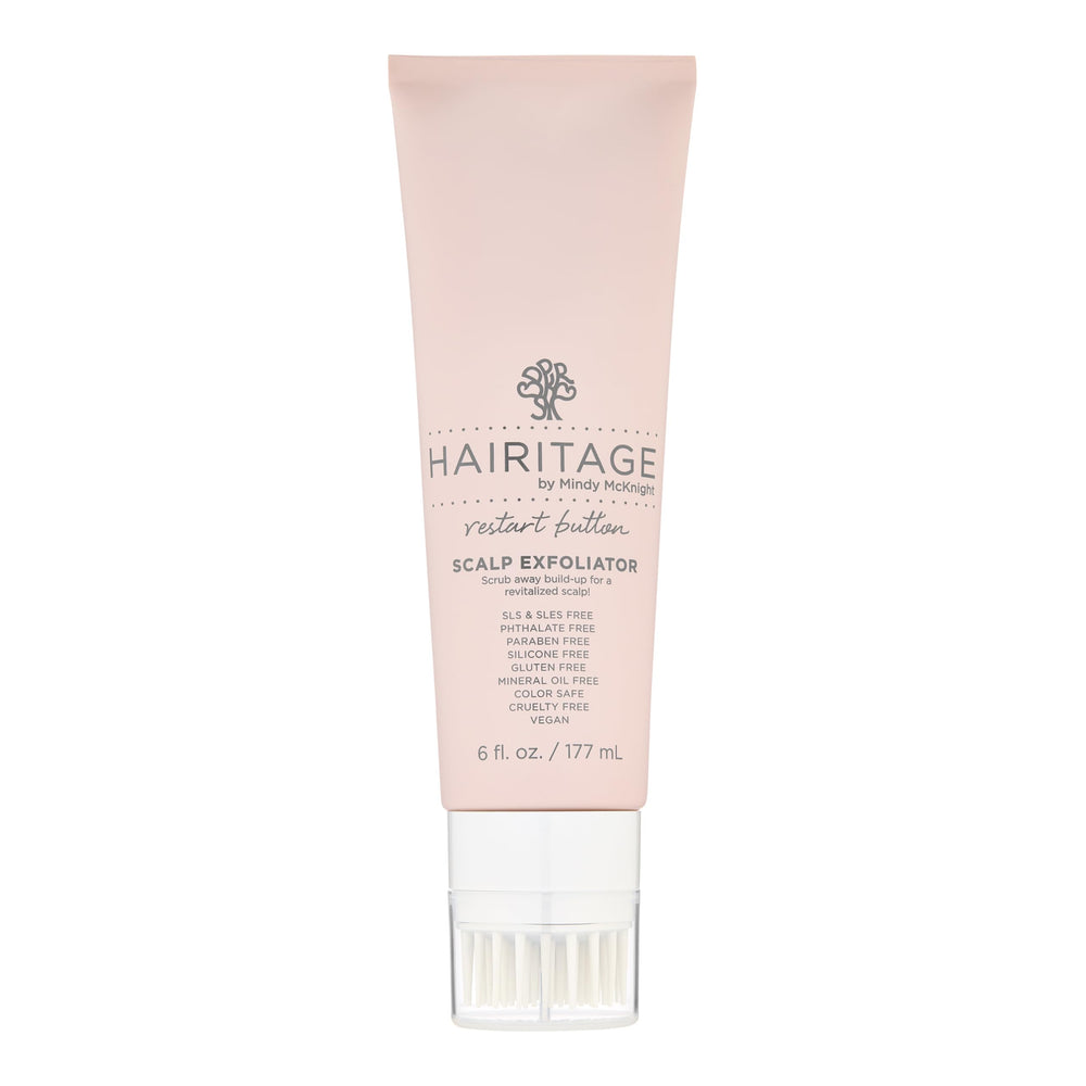 Hairitage Restart Button Scalp Exfoliator bottle shows a creamy scrub for a refreshed scalp.