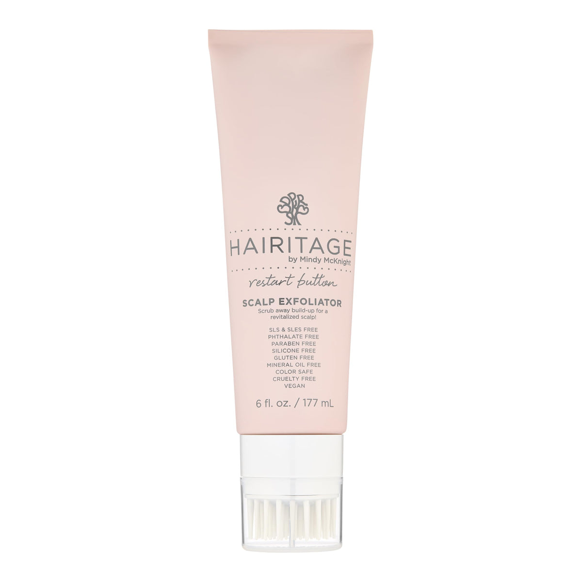 Hairitage Restart Button Scalp Exfoliator bottle shows a creamy scrub for a refreshed scalp.