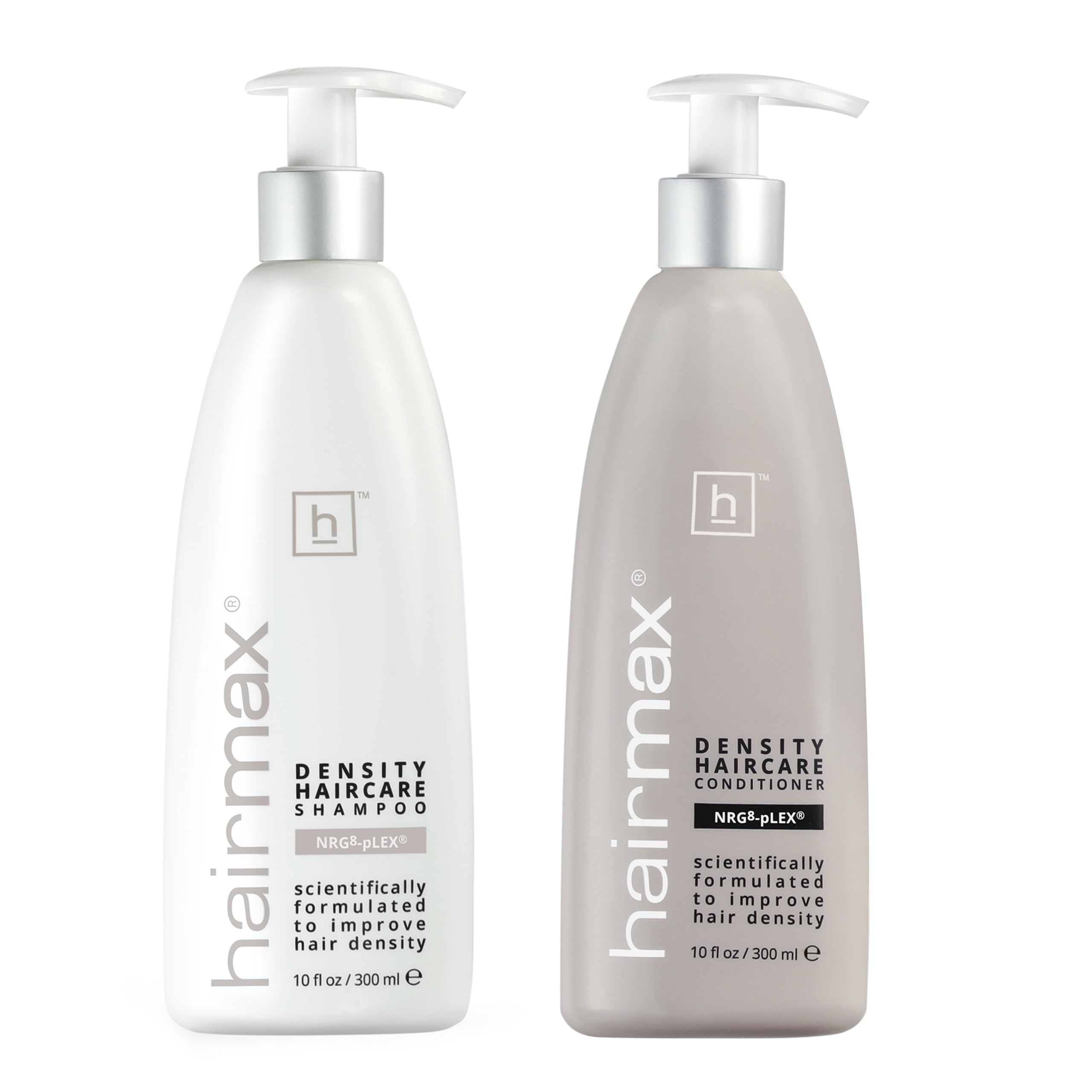Hairmax Density Shampoo bottle demonstrates cleansing formula for fuller-looking hair.