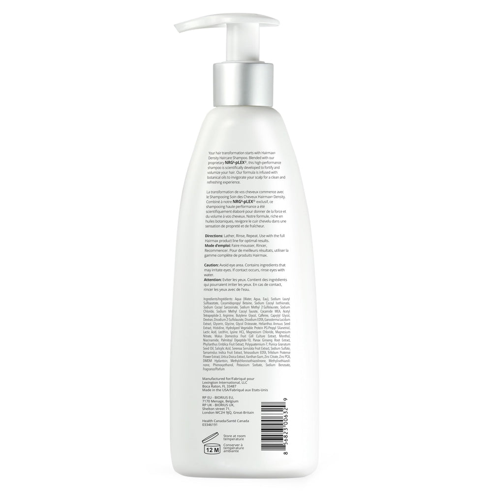 Hairmax Density Shampoo ingredients closeup highlights caffeine and plant actives for scalp care