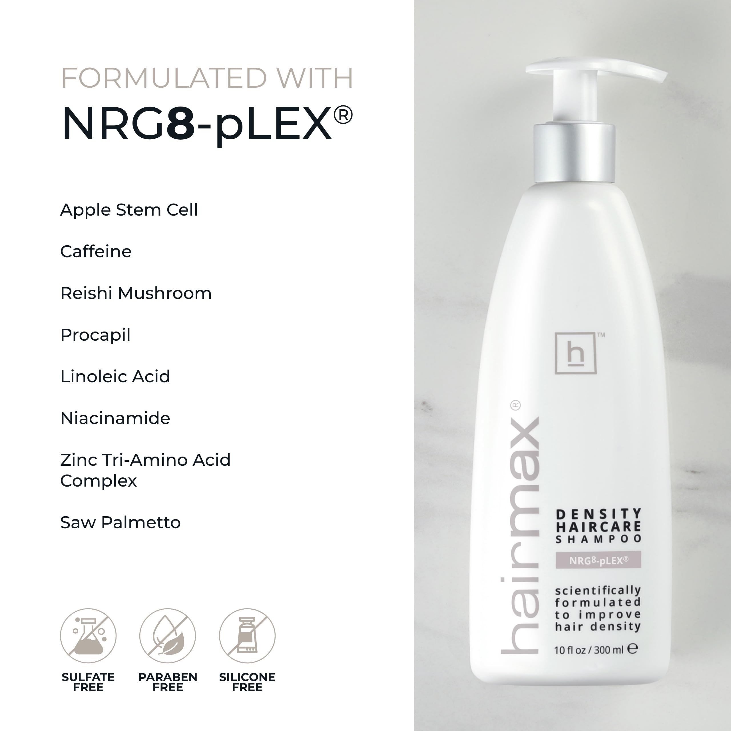 Hairmax Density Shampoo niacinamide-apples-stem-cells closeup showcases nourishing actives