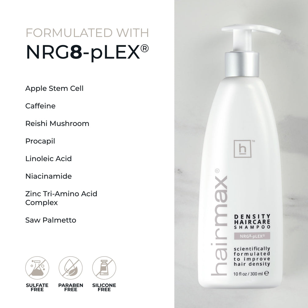 Hairmax Density Shampoo niacinamide-apples-stem-cells closeup showcases nourishing actives