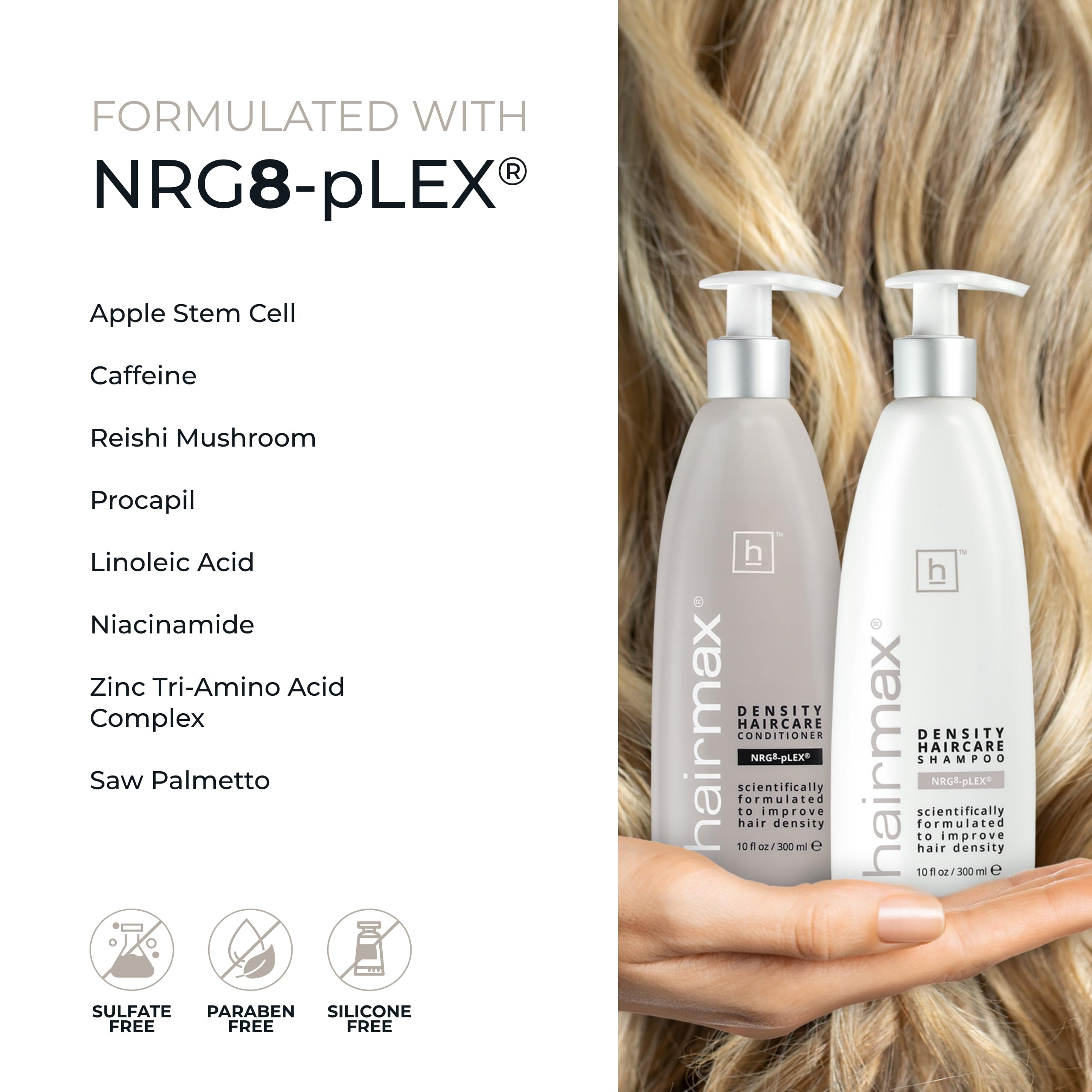 Hairmax NRG8-pLEX ingredient visual highlights caffeine for invigorating scalp nourishment.