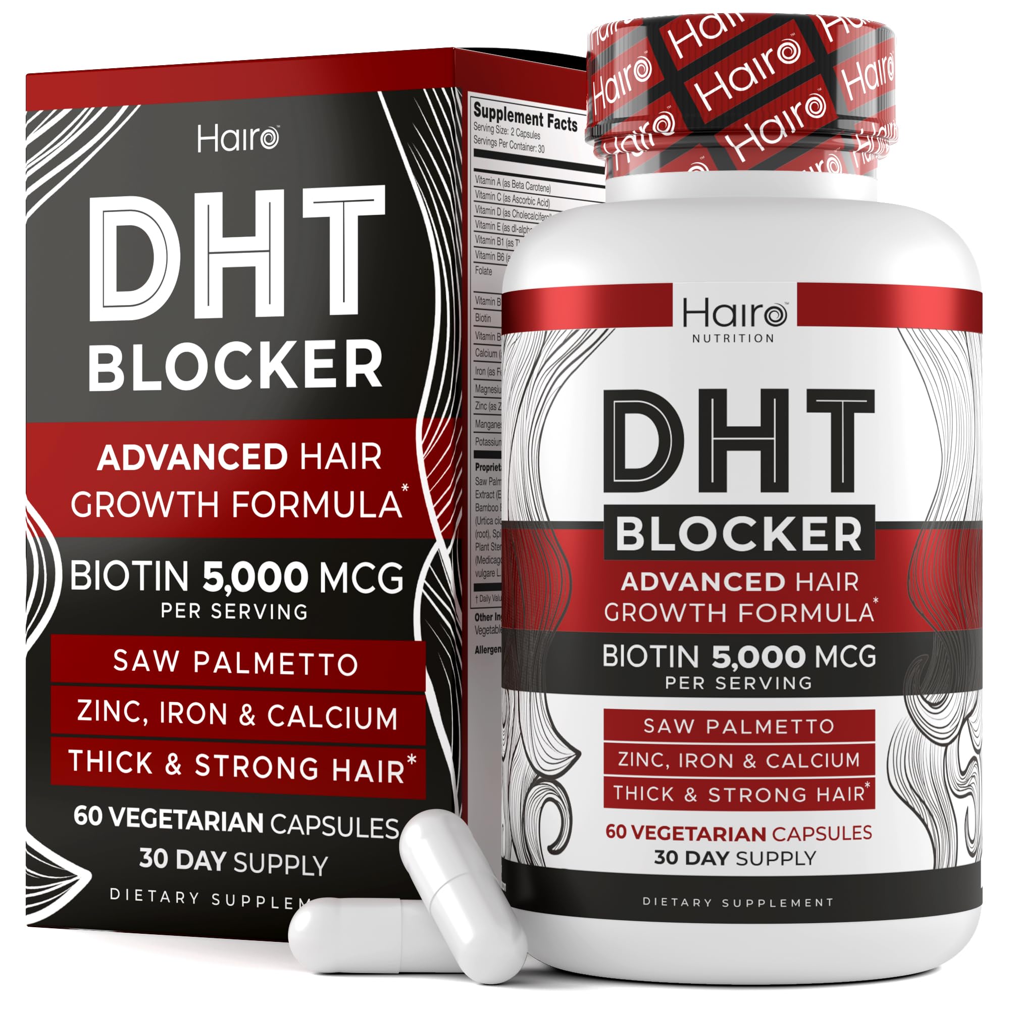 Hairo Nutrition DHT Blocker bottle closeup for hair wellness.
