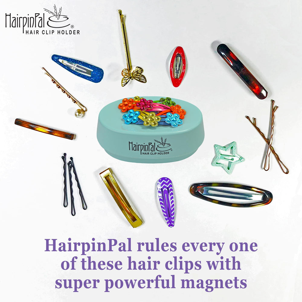 HairpinPal seafoam teal top view showing tidy vanity
