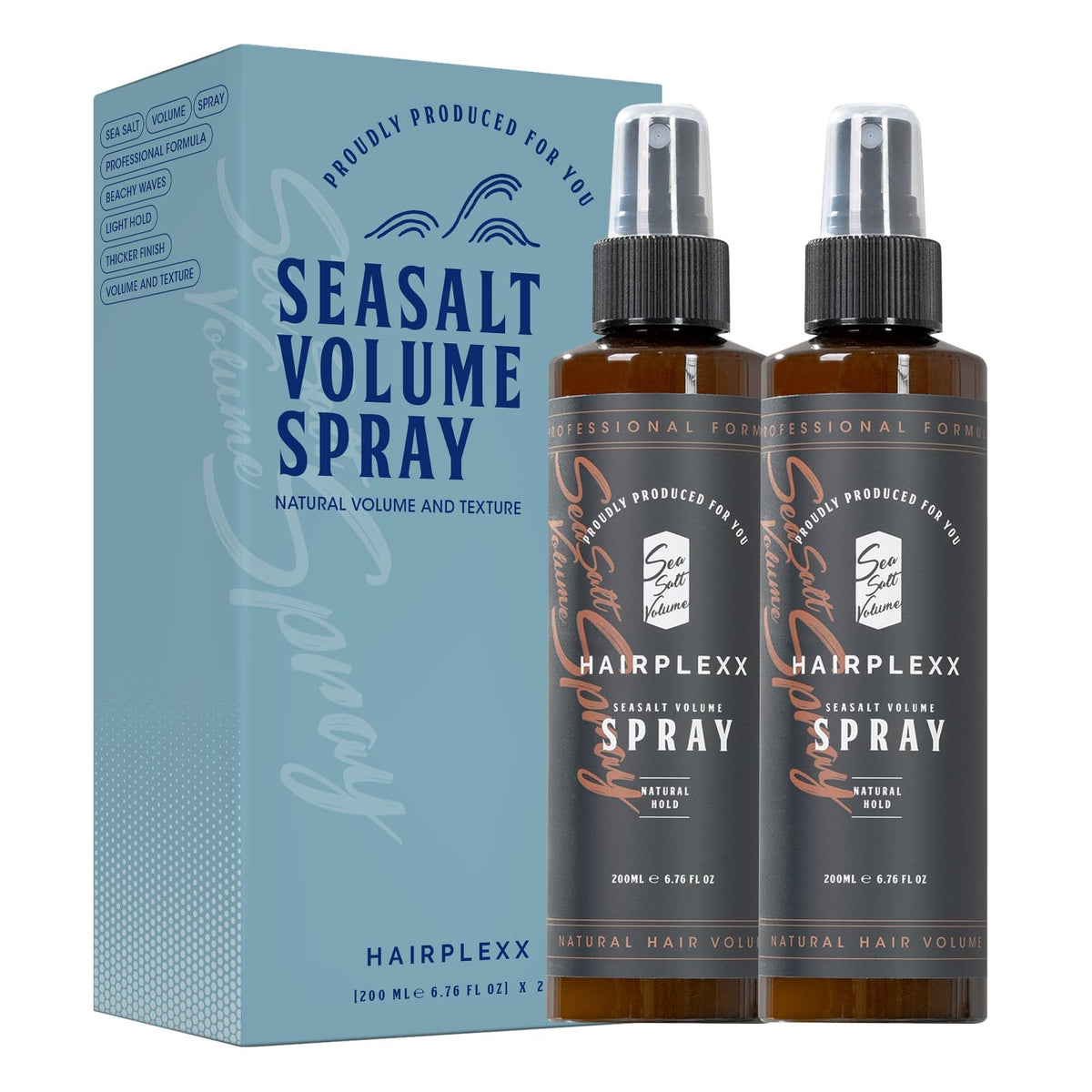 Hairplexx Sea Salt Volume Spray bottle highlights texture and effortless daily styling.