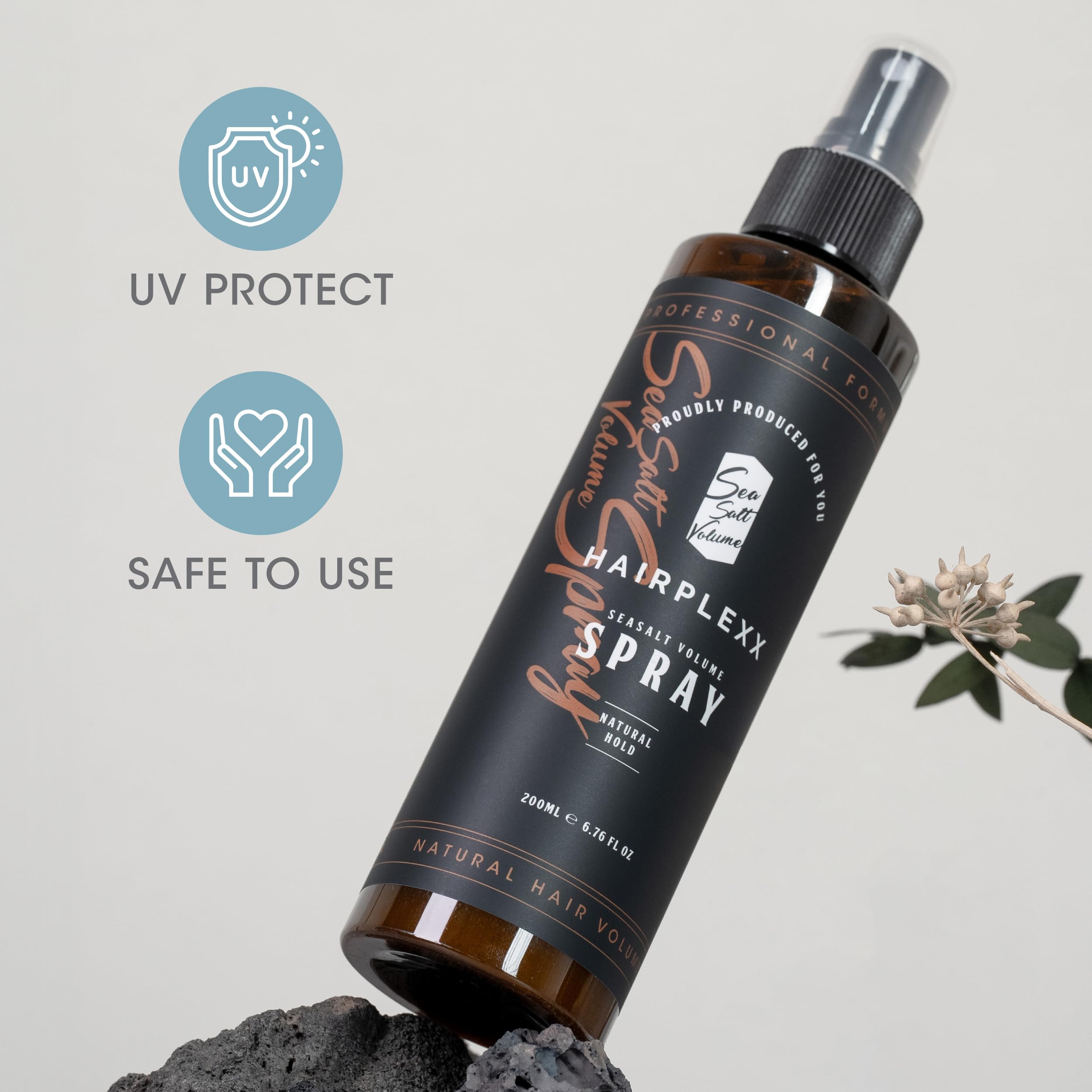 Hairplexx Sea Salt Volume Spray UV-protection tag implies shielding from sun damage.
