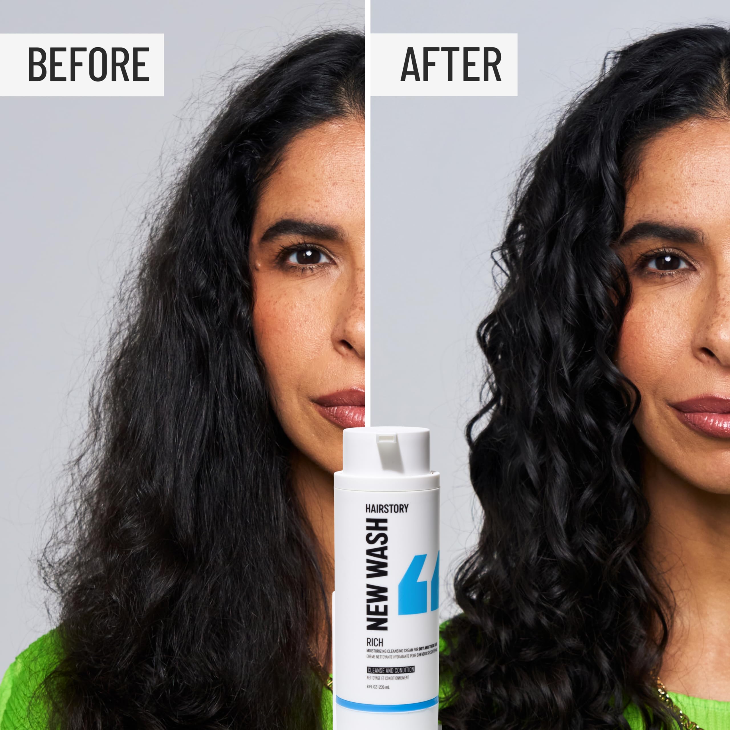 Hairstory New Wash Rich bottle label highlights ingredients and gentle formula.