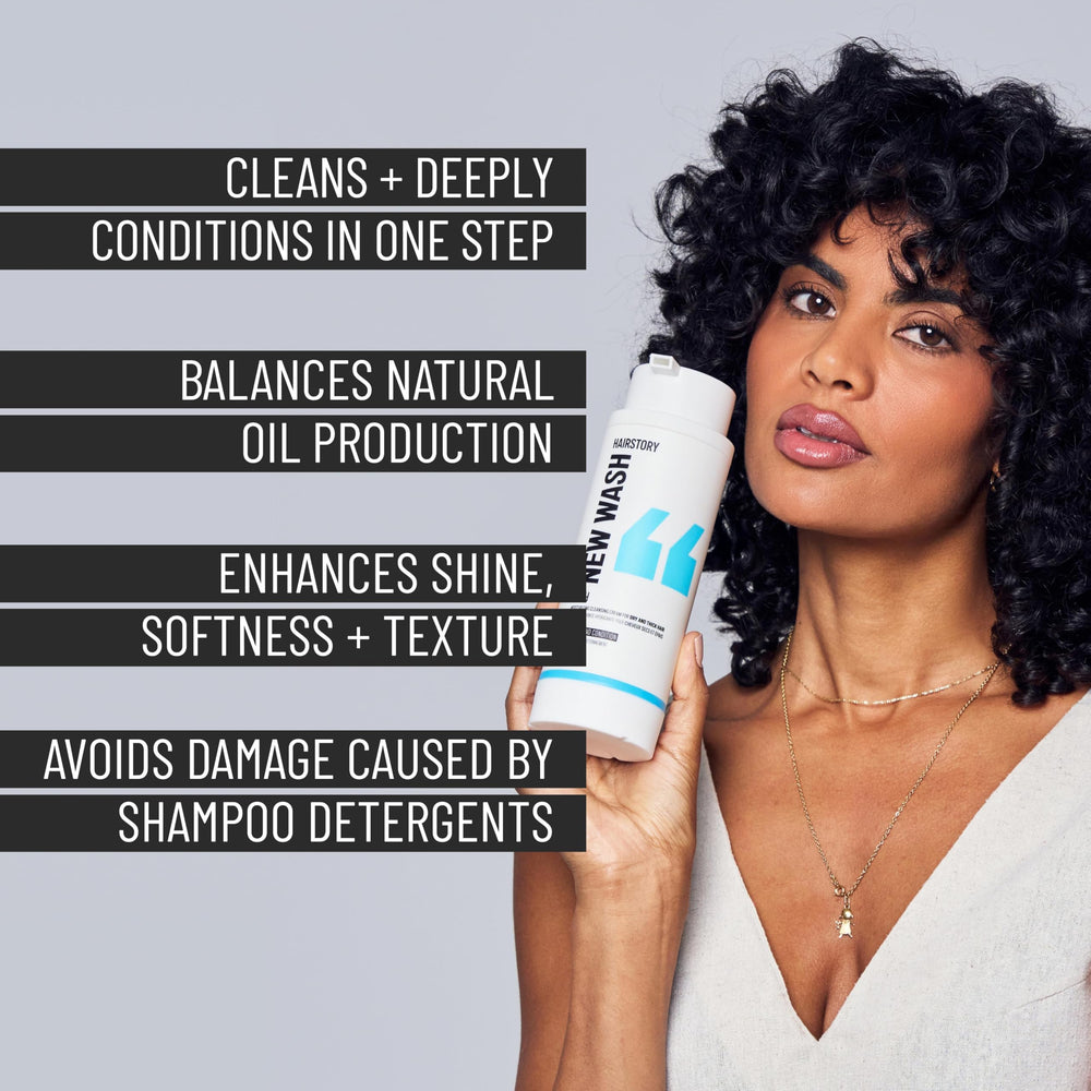 Hairstory New Wash Rich bottle pump demonstrates easy, controlled dispensing.