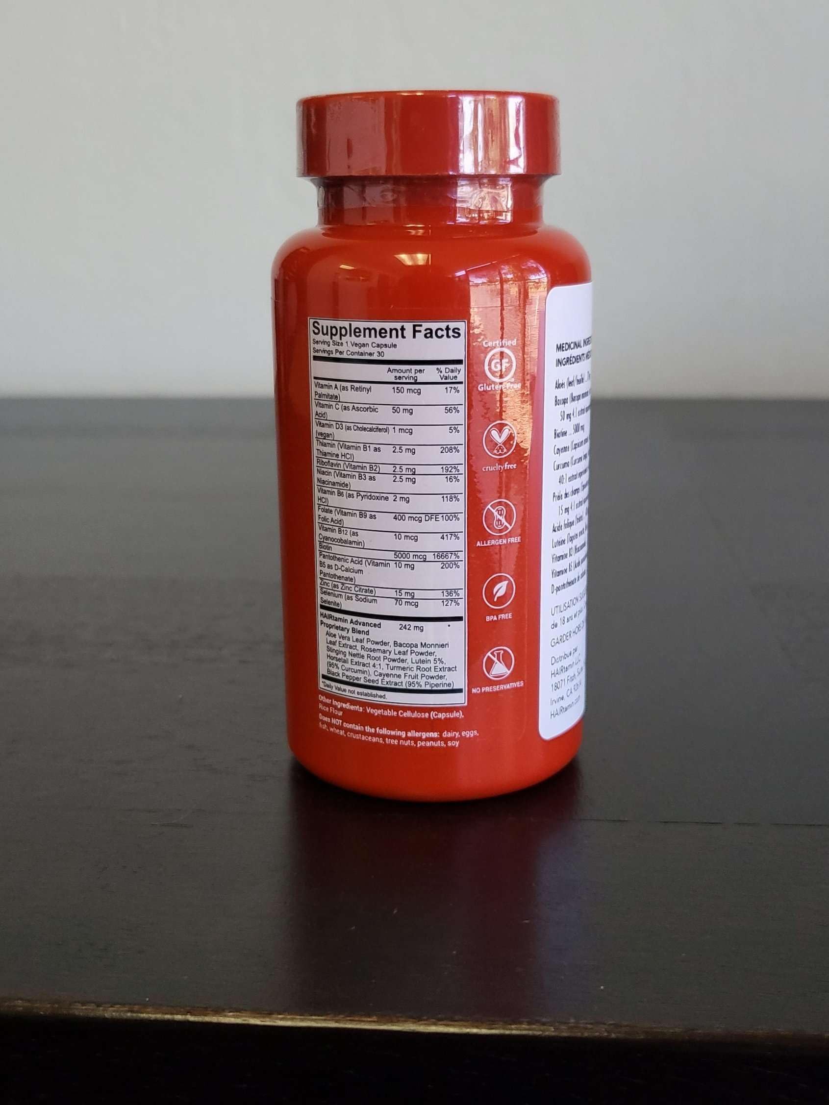 HAIRtamin Advanced Formula vegan cruelty-free badge highlights ethics and clean ingredients.