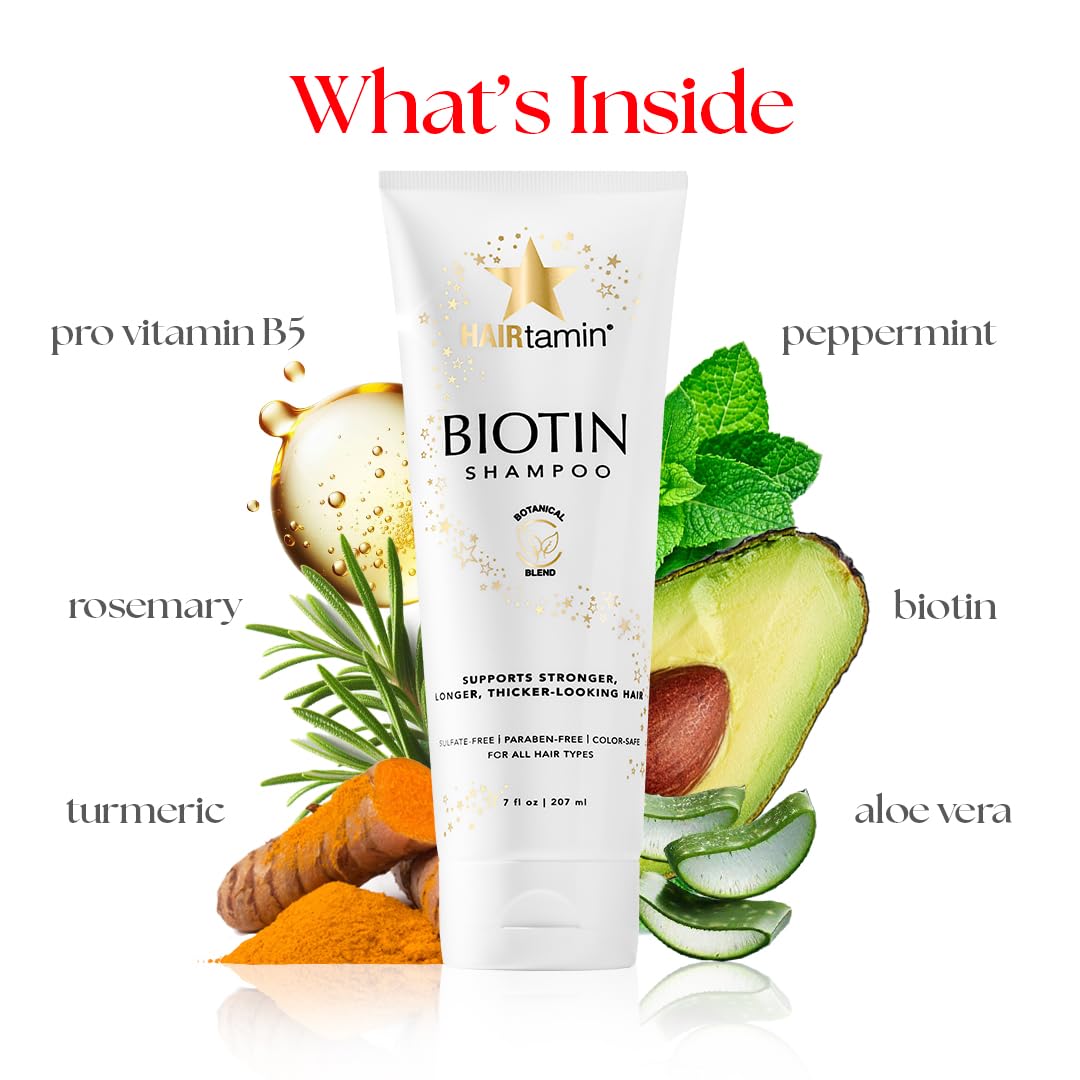 HAIRtamin Biotin Shampoo vitamin B5 focus hints richer, healthier-looking strands.