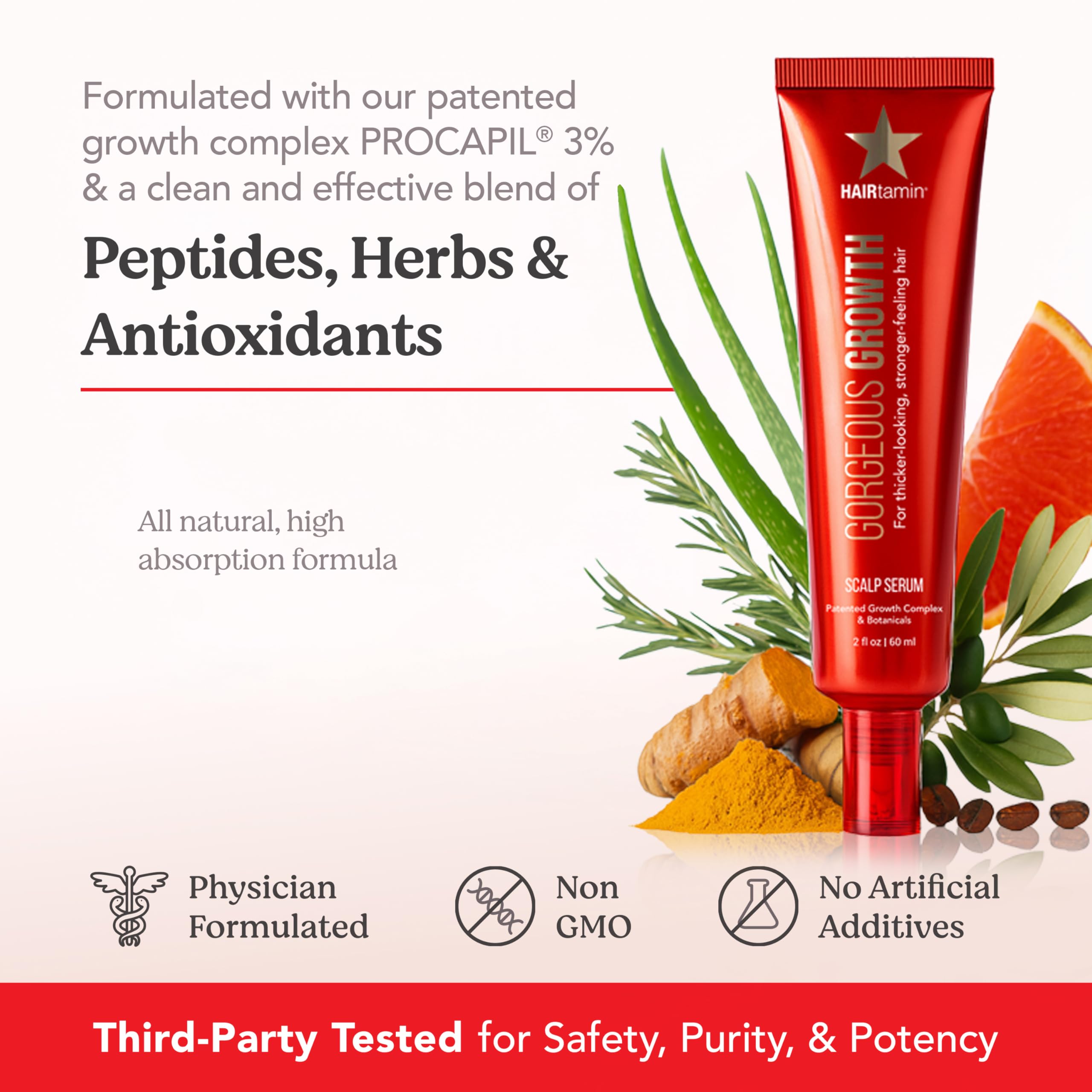 HAIRtamin Scalp Serum ingredients closeup shows Aloe Vera and Niacinamide for scalp care.