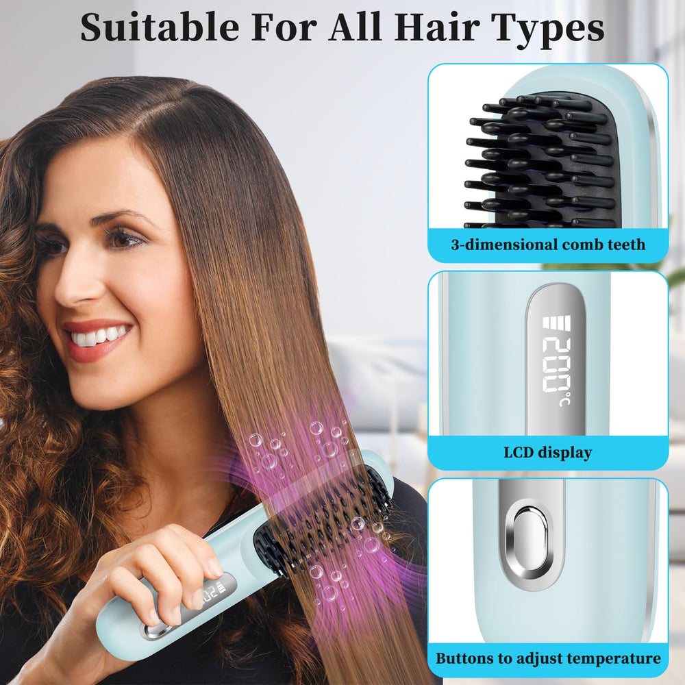 HAJIFGH Go Brush Pro in-use blue demonstrates quick straightening with three heat levels.