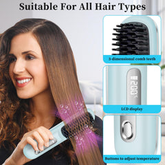 HAJIFGH Go Brush Pro in-use blue demonstrates quick straightening with three heat levels.