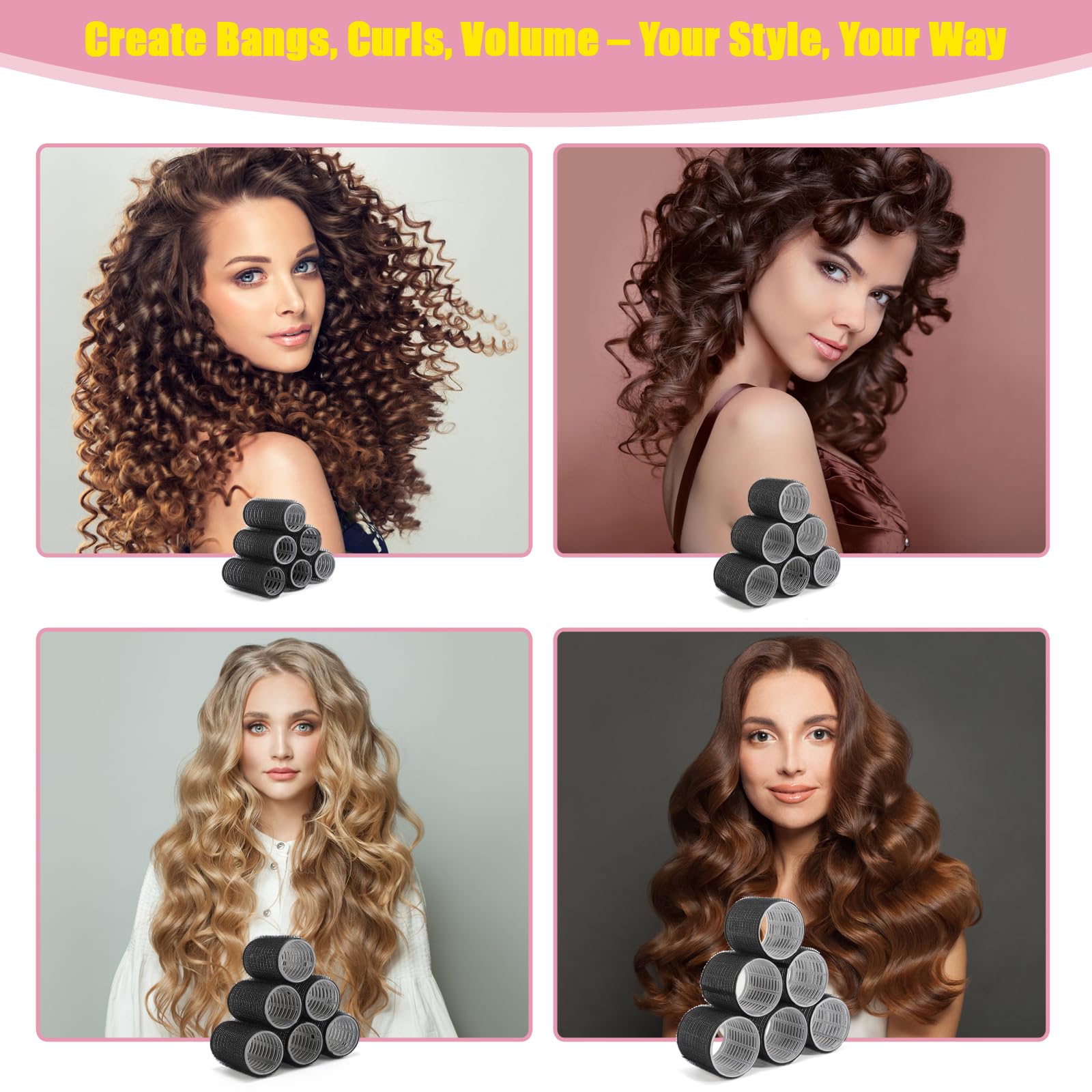 HAKINBOT four-sizes roller set visual demonstrates customizable curls and soft waves.