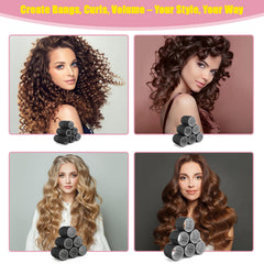 HAKINBOT four-sizes roller set visual demonstrates customizable curls and soft waves.