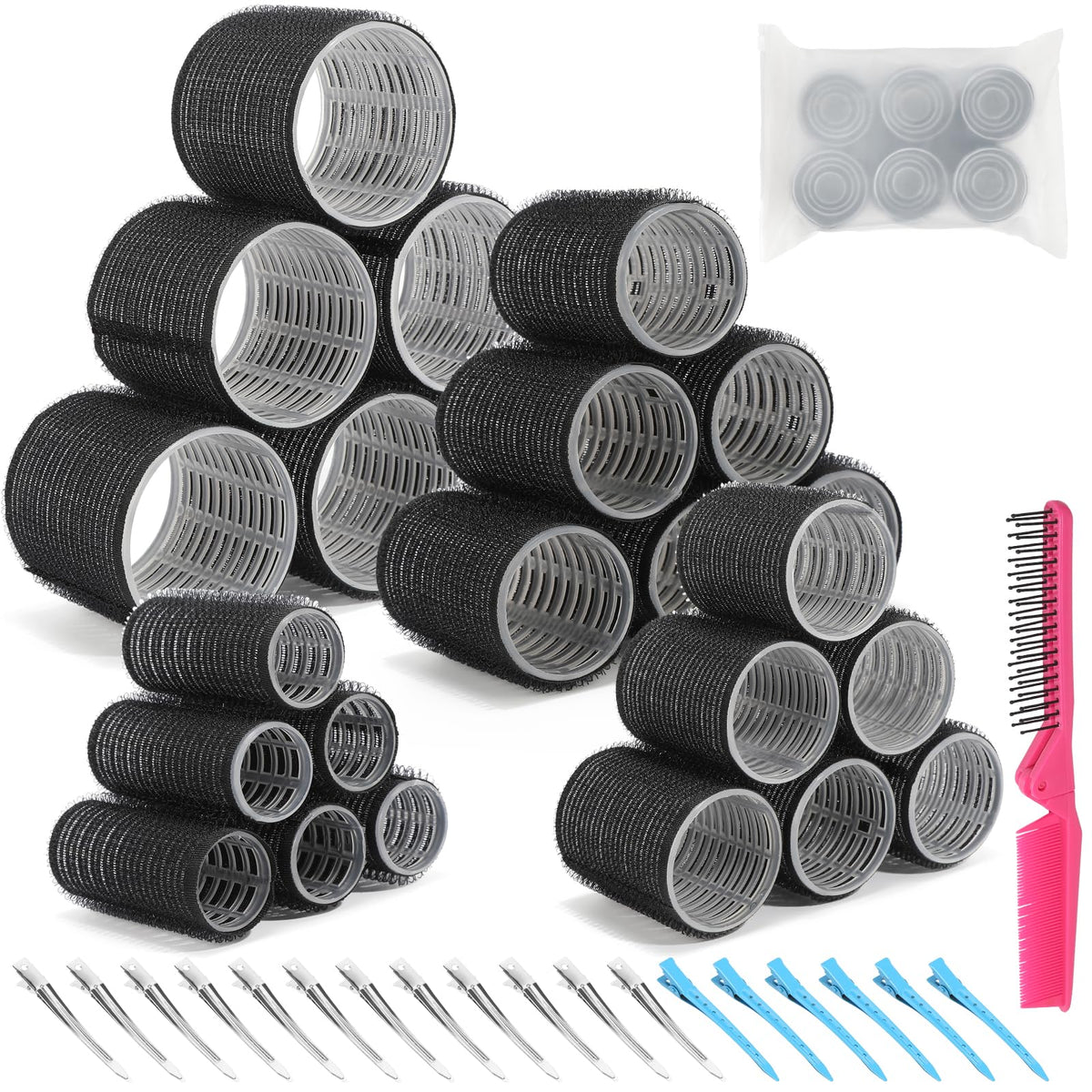 HAKINBOT 43pcs self-grip rollers closeup for versatile volume and easy styling without heat.