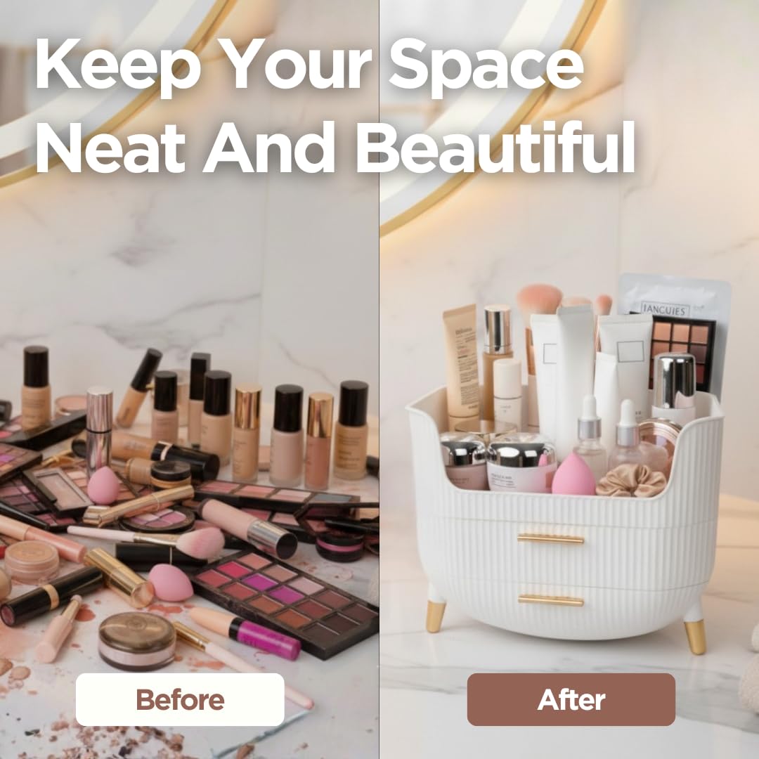 HALAFE Makeup Organizer gold-tipped legs provide stable placement on counters.