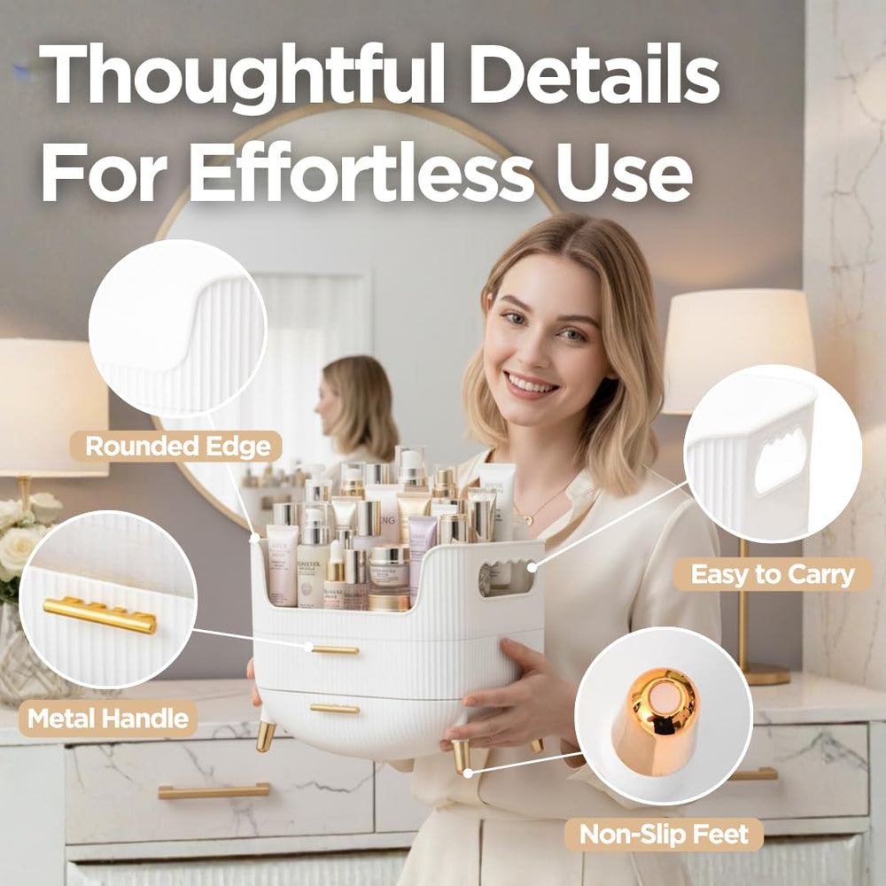 HALAFE Makeup Organizer golden accents elevate vanity aesthetics.