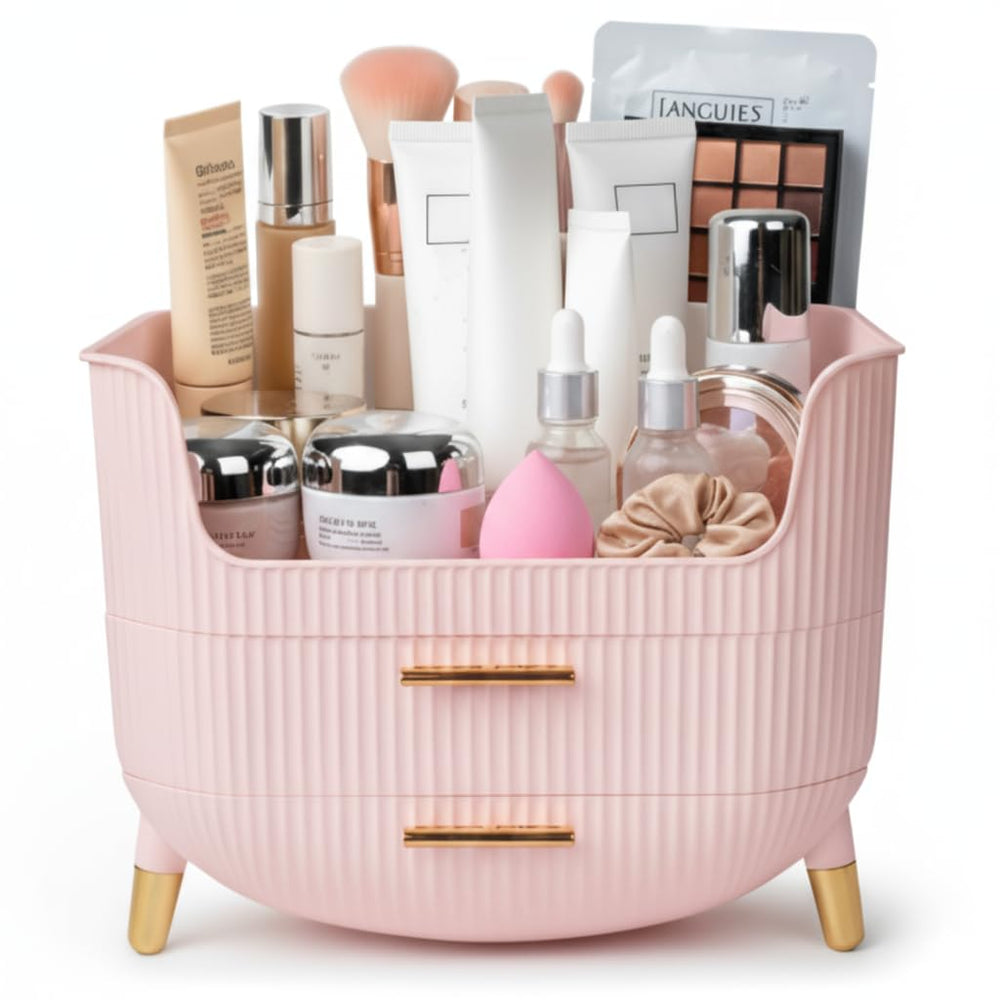 HALAFE Makeup Organizer pink top compartment keeps cosmetics neatly accessible for quick routines.