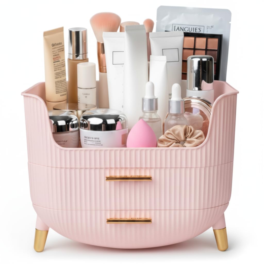 HALAFE Makeup Organizer pink top compartment keeps cosmetics neatly accessible for quick routines.