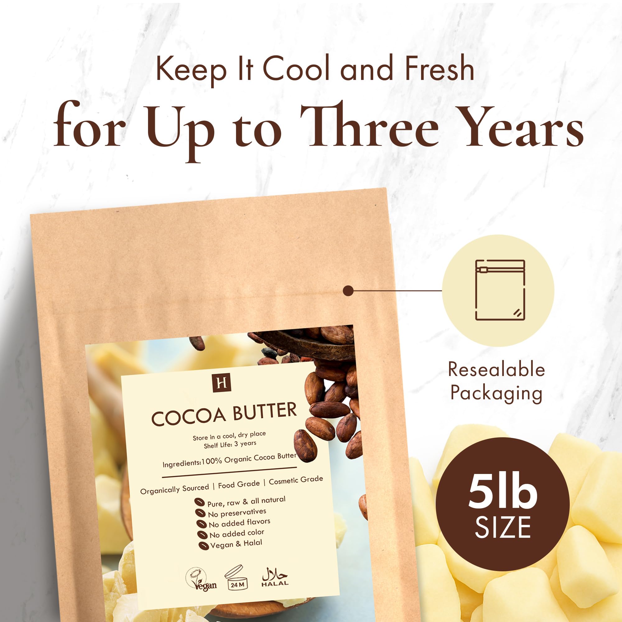 HalalEveryDay cocoa butter used for lotions and lip balms in routines.