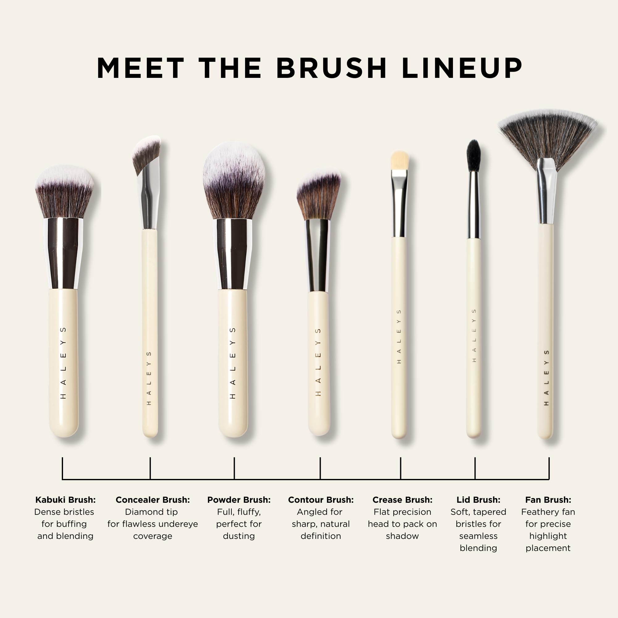 HALEYS Kabuki brush fast blending for seamless transitions across formulas.