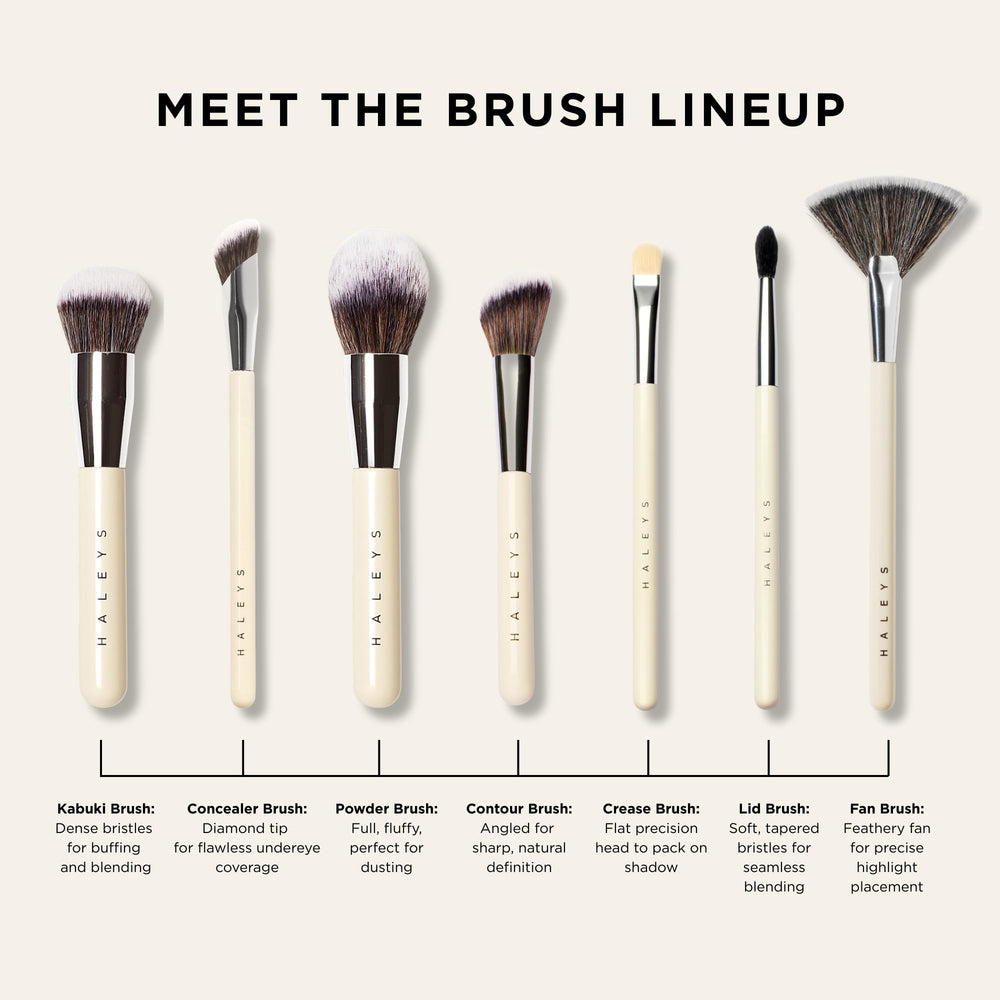 HALEYS Kabuki brush fast blending for seamless transitions across formulas.