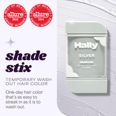 Hally Hair Shade Stix Silver on dark hair shows vibrant streaks