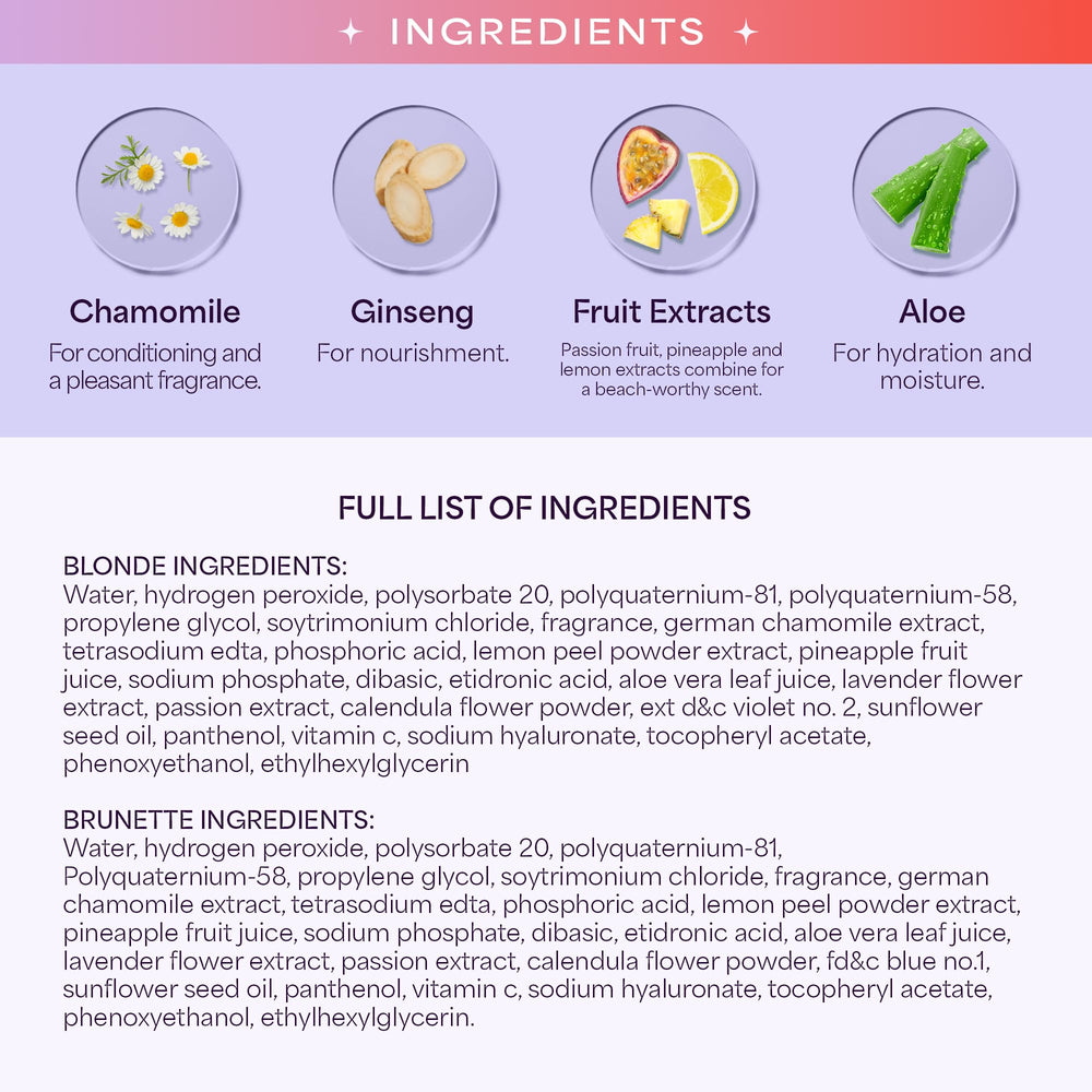 Hally Lightener Spray ingredients closeup featuring aloe vera and chamomile for gentle care.