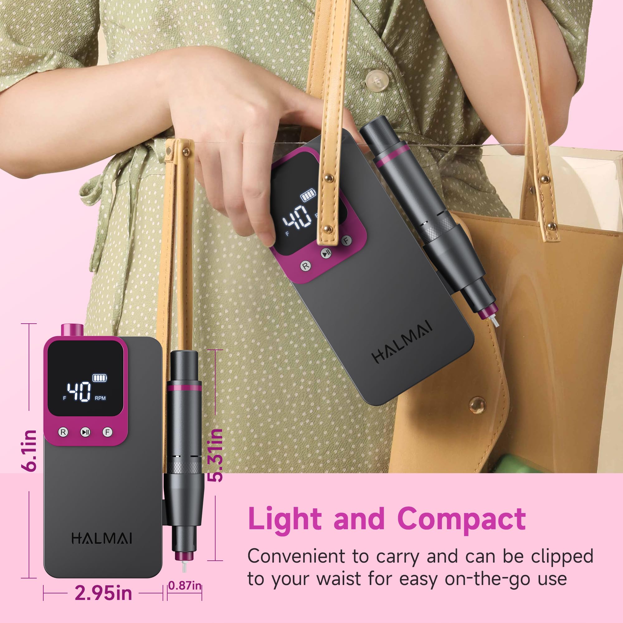 Halmai Electric Nail Drill Pro LCD display indicates RPM and power for controlled sessions