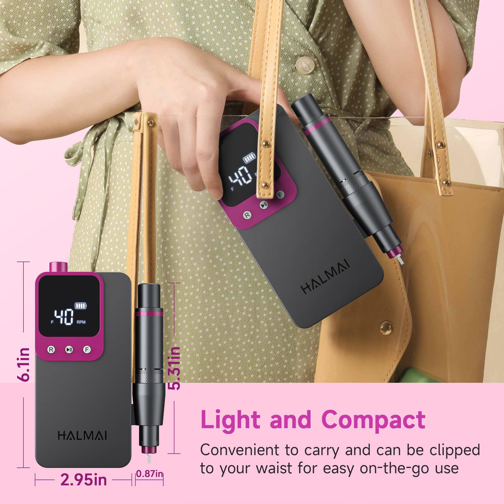 Halmai Electric Nail Drill Pro LCD display indicates RPM and power for controlled sessions