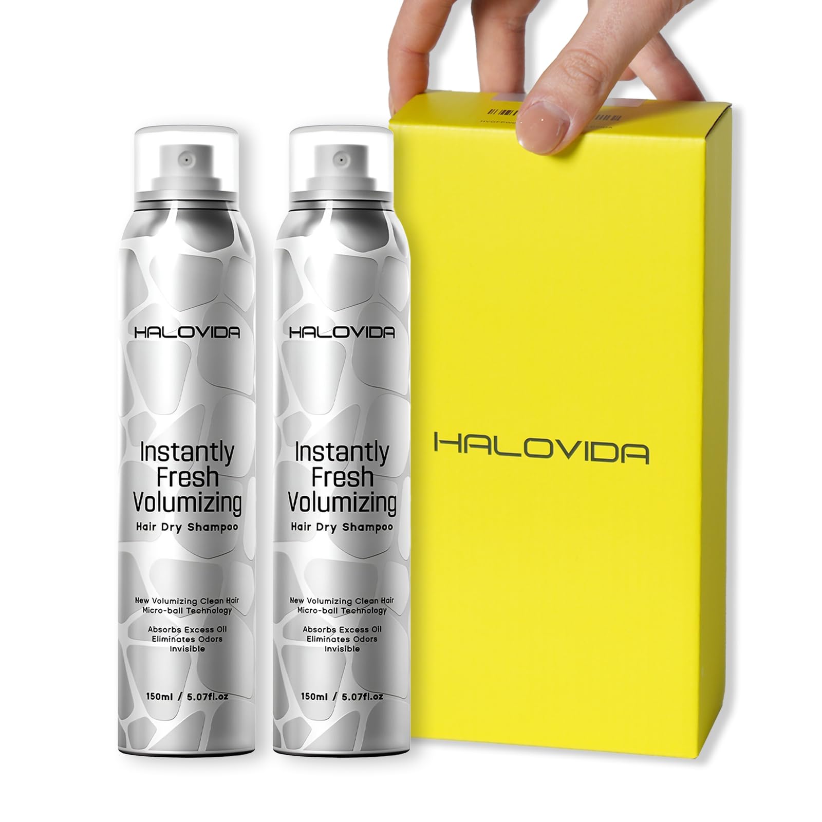 HALOVIDA dry shampoo bottle dispense shows quick, even coverage for fresh hair.