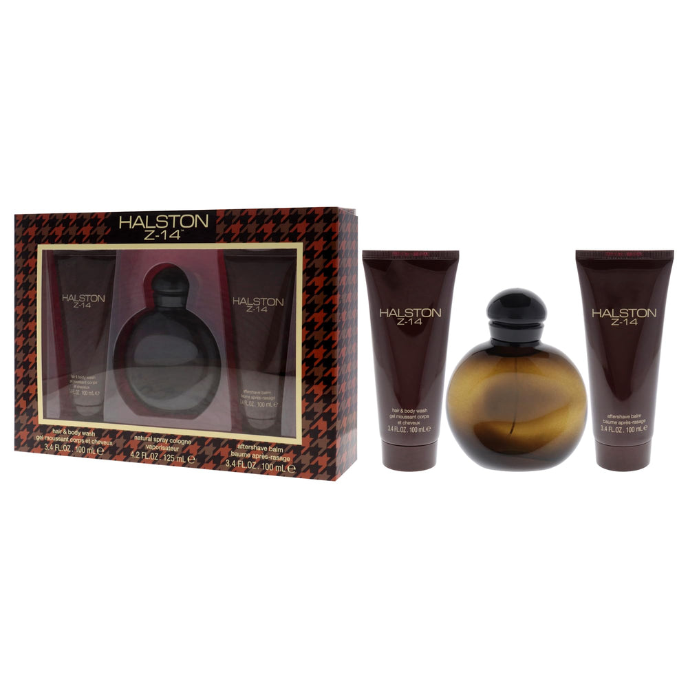 Halston Z-14 gift-set box front emphasizes premium grooming for modern men.