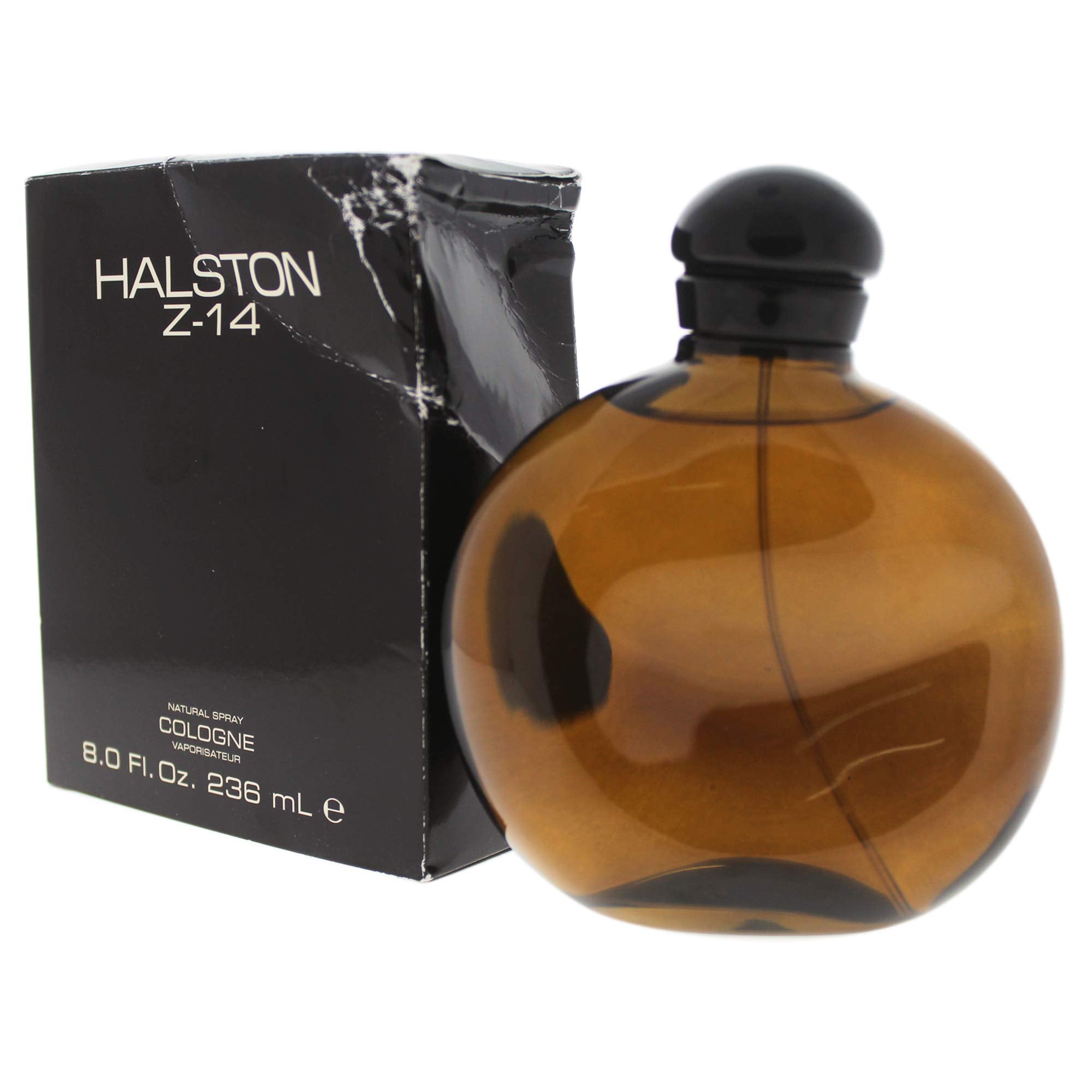 Halston Z-14 for Men bottle label closeup, highlights leather-amber base notes.