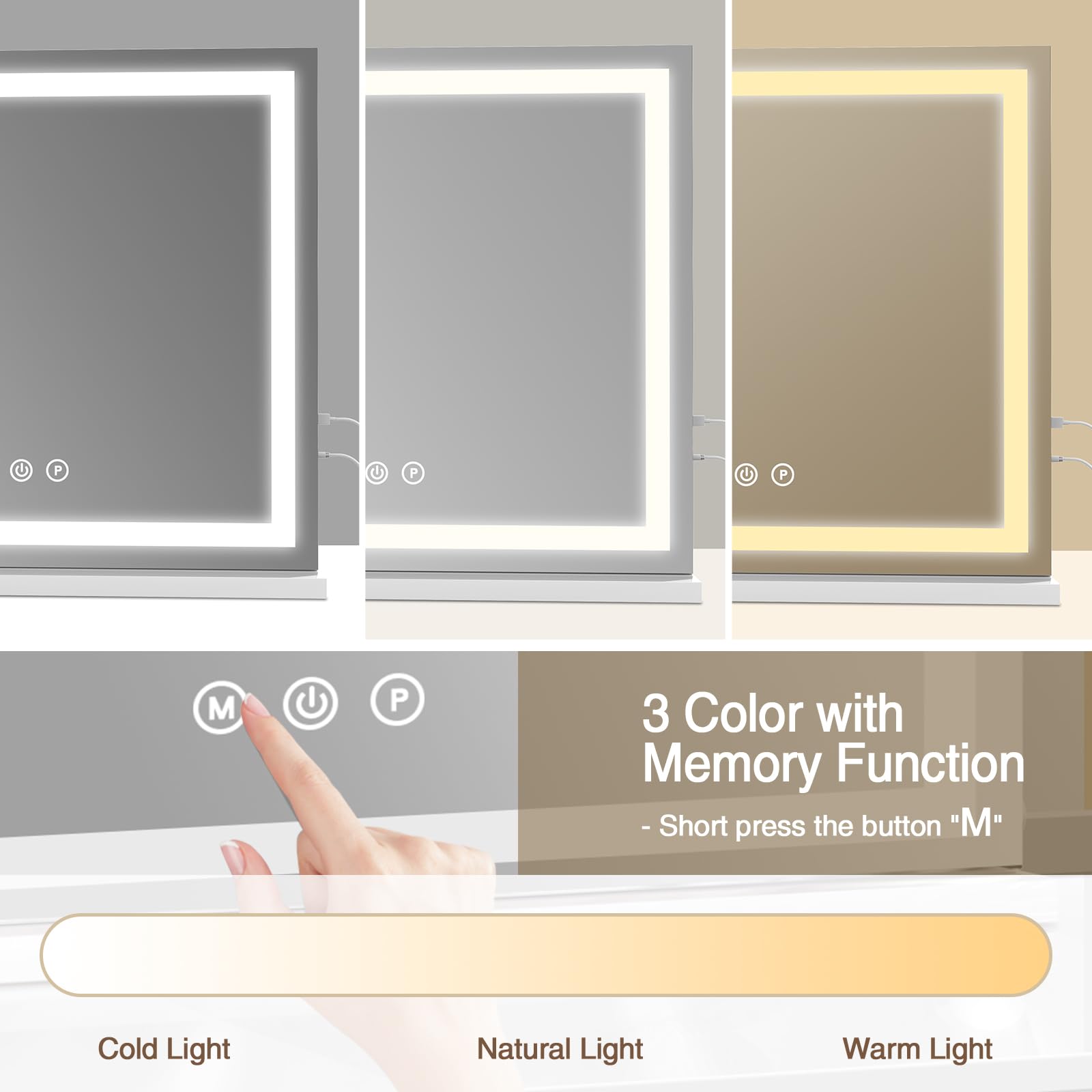 Halumao vanity mirror with three color settings provides accurate tone under varying light.