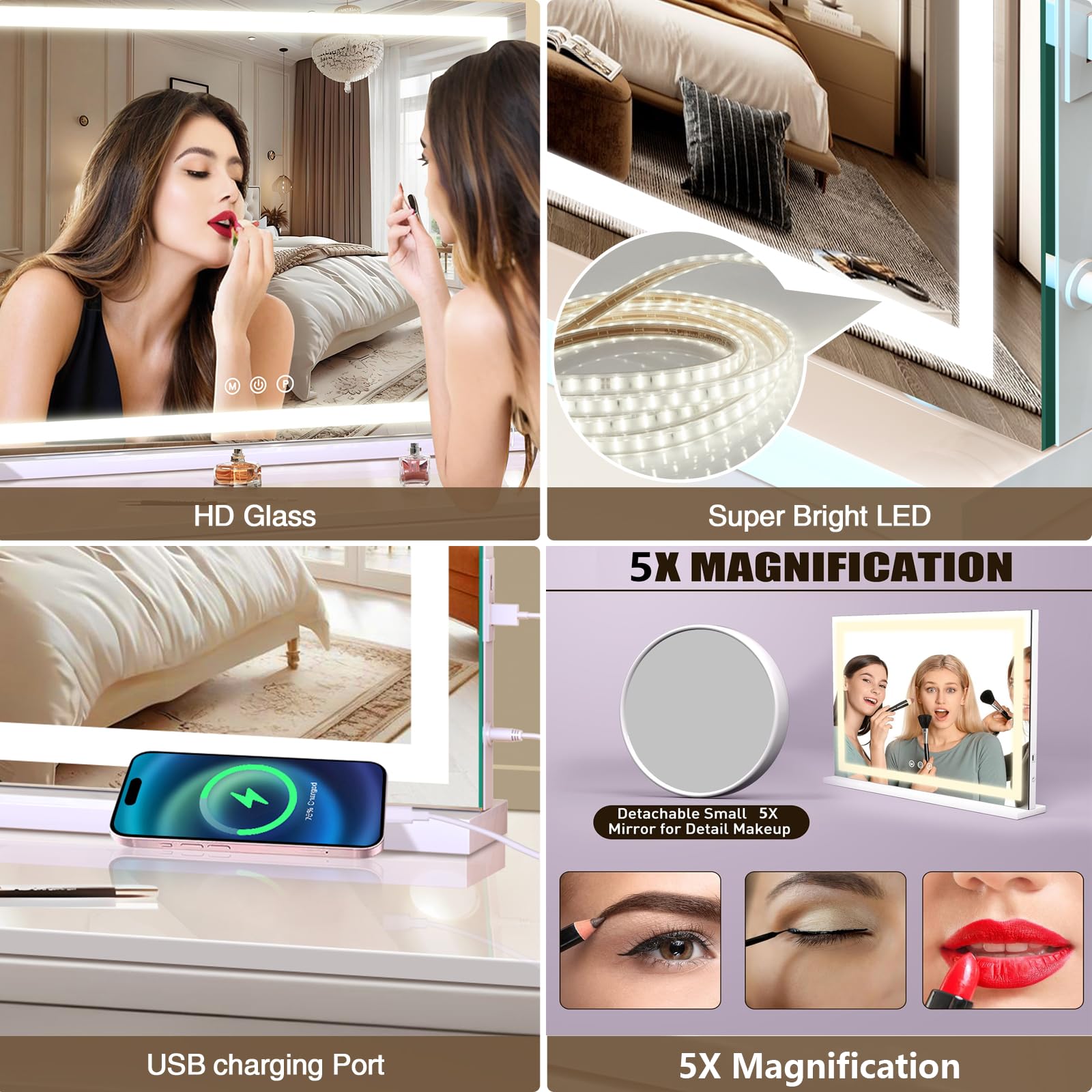 Halumao vanity mirror includes a 5X magnifying mirror for detailed grooming.