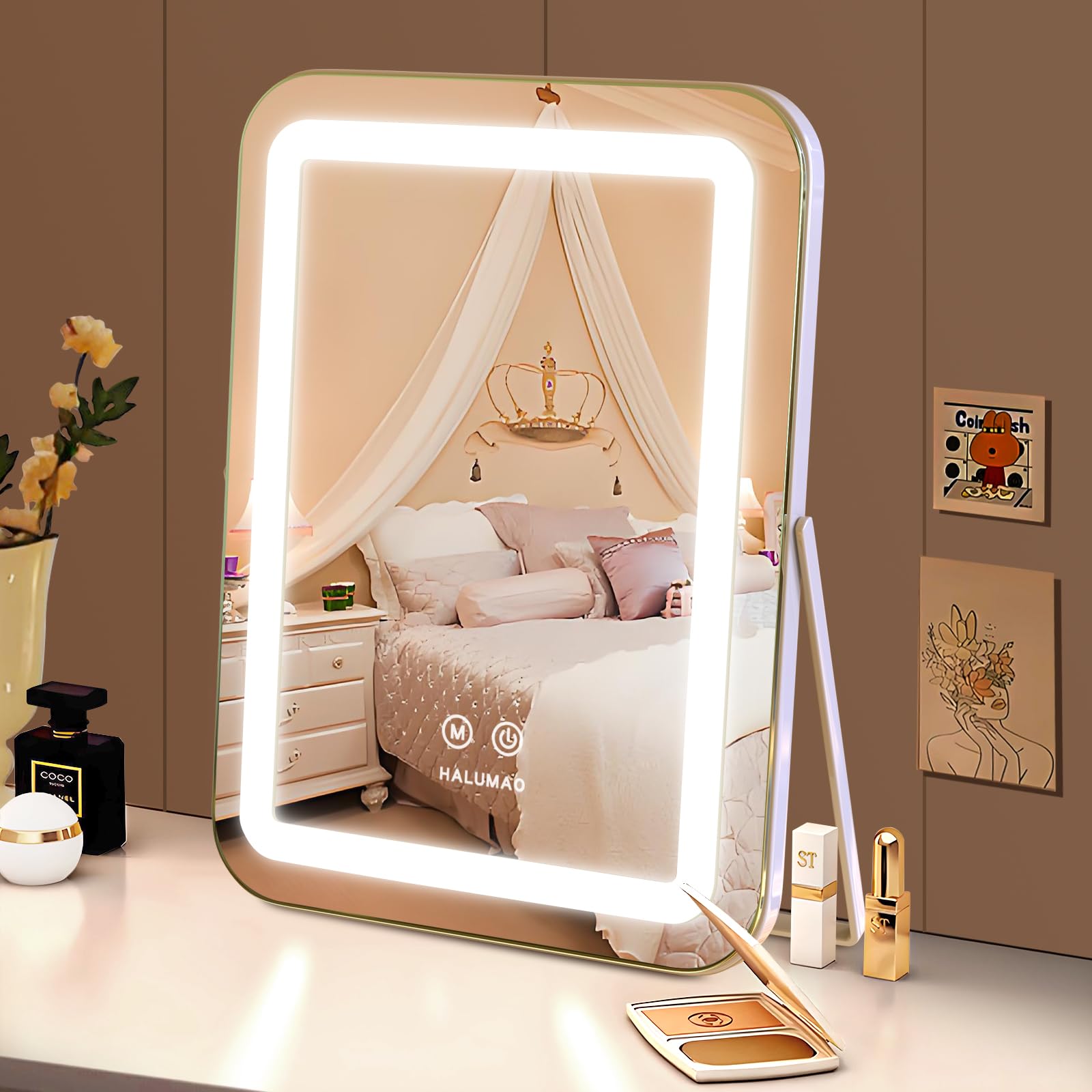Halumao Vanity Mirror with Lights 360-degree rotation enables versatile angles.