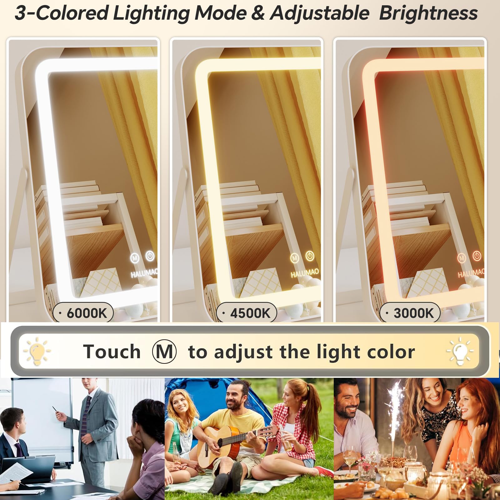 Halumao Vanity Mirror with Lights illuminated-face view supports precise contouring.