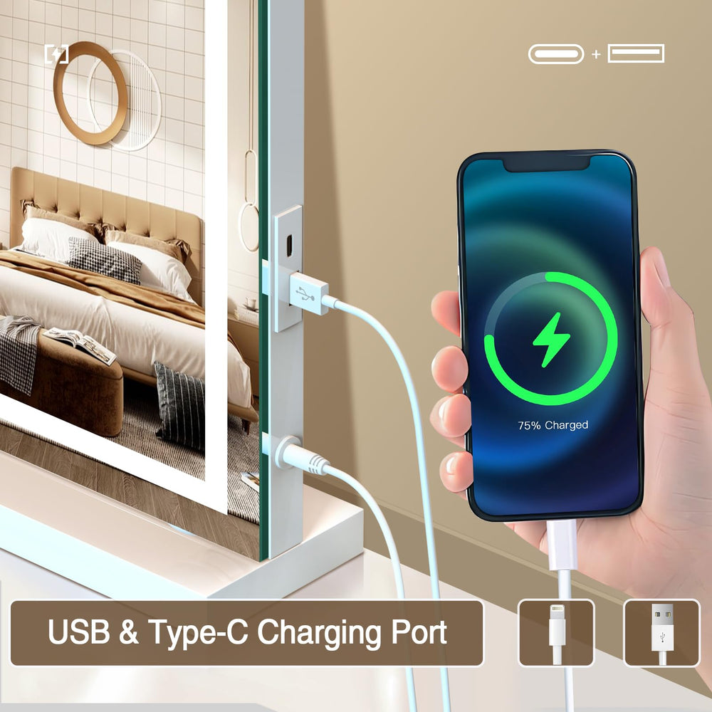 Halumao vanity mirror features USB-C and USB ports for device charging.