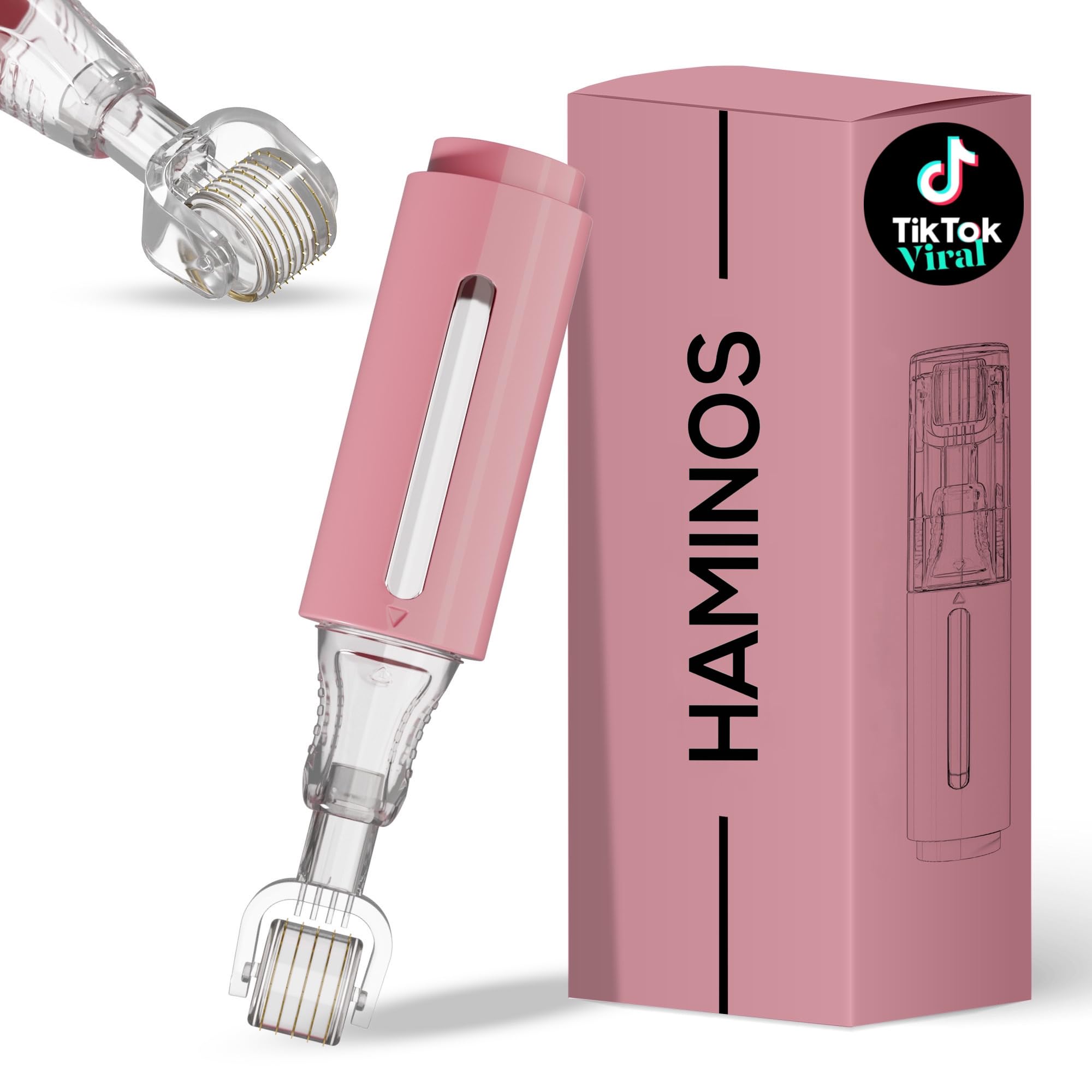 HAMINOS Derma Roller reservoir-application aids serum delivery for smoother skin.