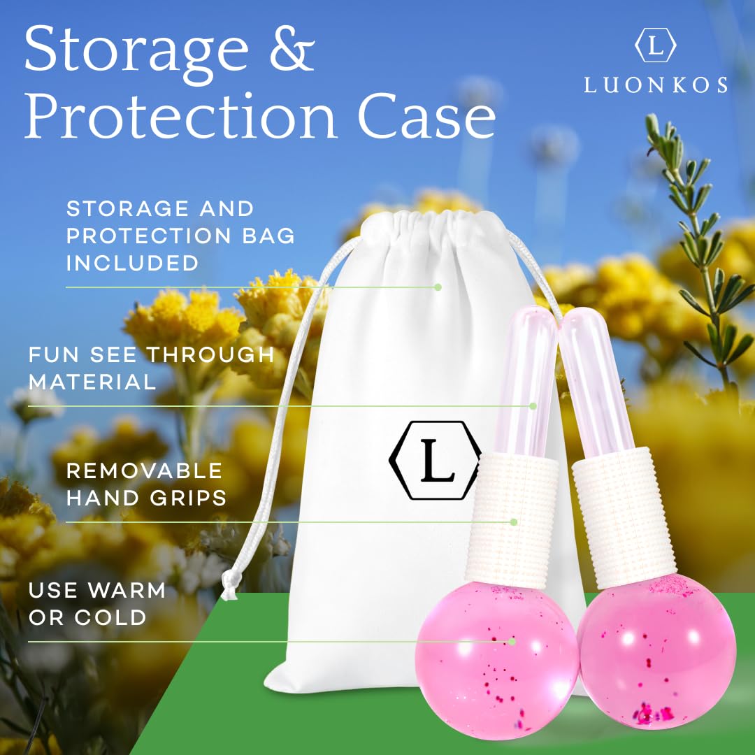 Hana Emi LUONKOS pink ice globes resting on bathroom shelf.