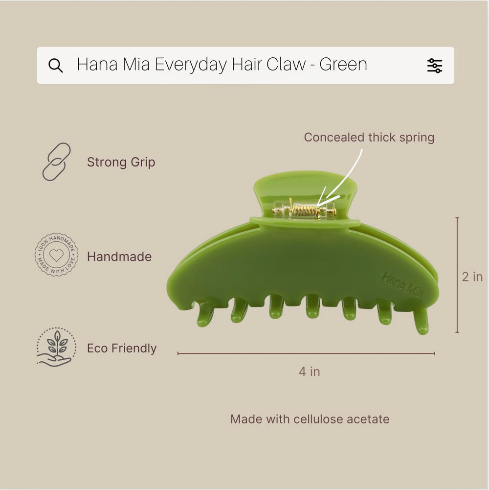 Hana Mia emerald claw clip for secure messy bun and updo styling