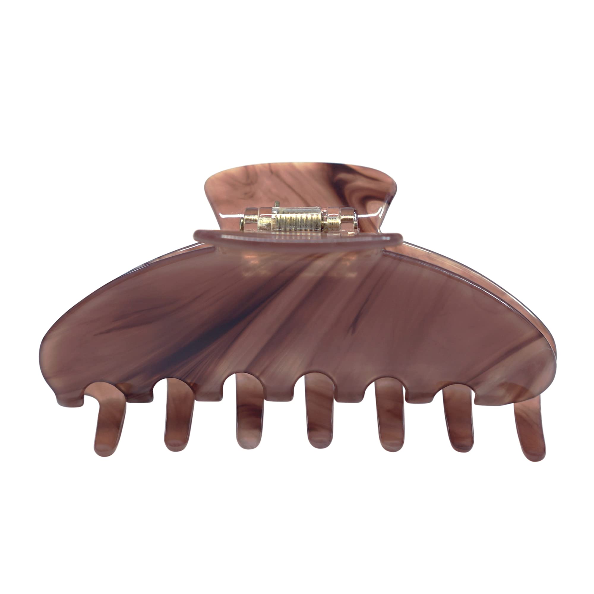 Hana Mia mocha acetate clip closeup shows glossy, durable 4-inch jaw for everyday styling.