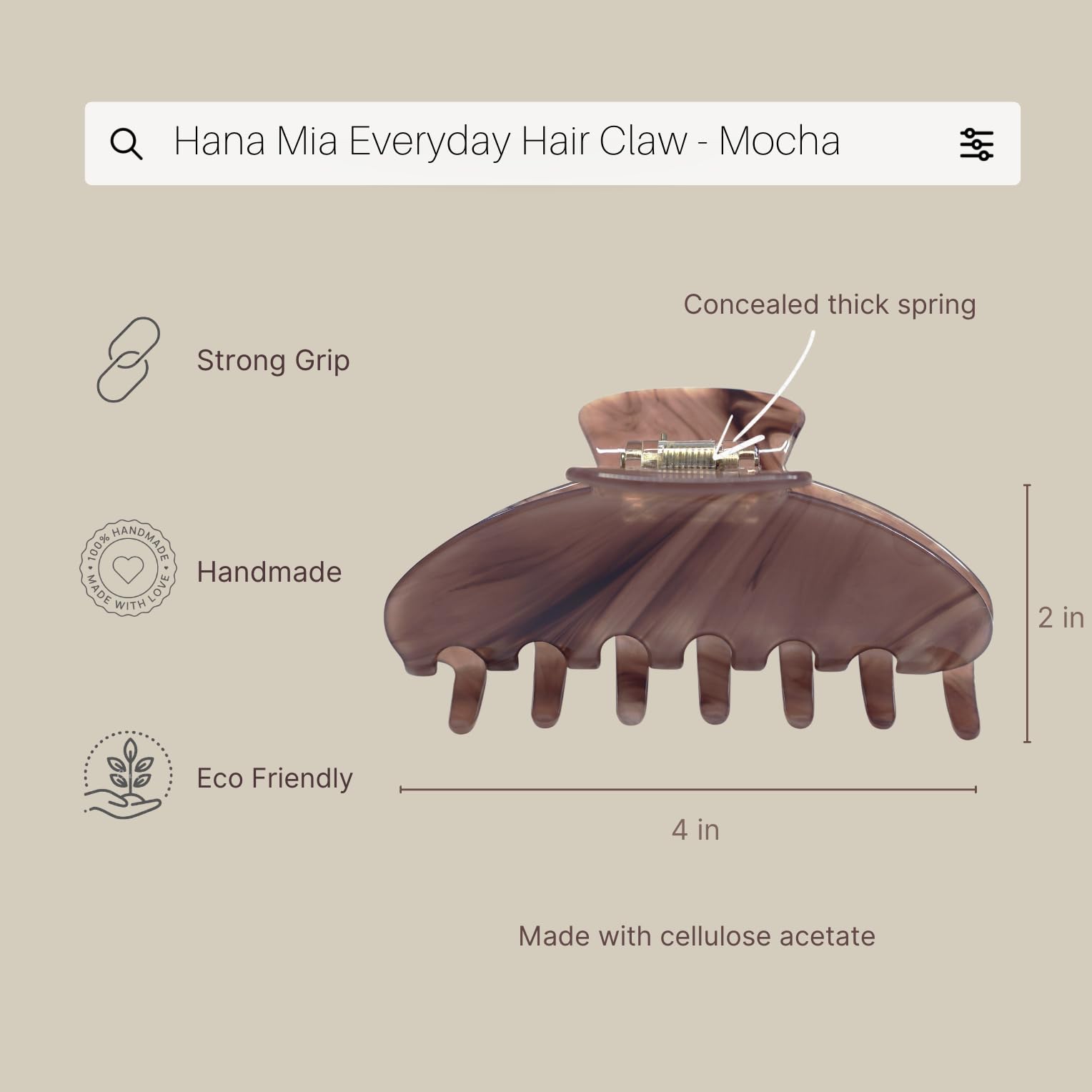 Hana Mia mocha acetate clip strong hold with non-slip grip for textured hair.