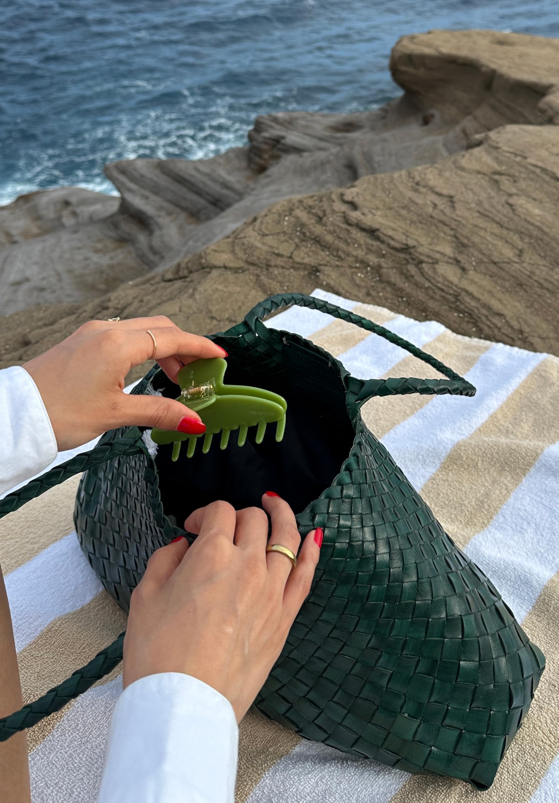 Hana Mia olive-green claw clip packaged as a gift with dust bag, gift-ready