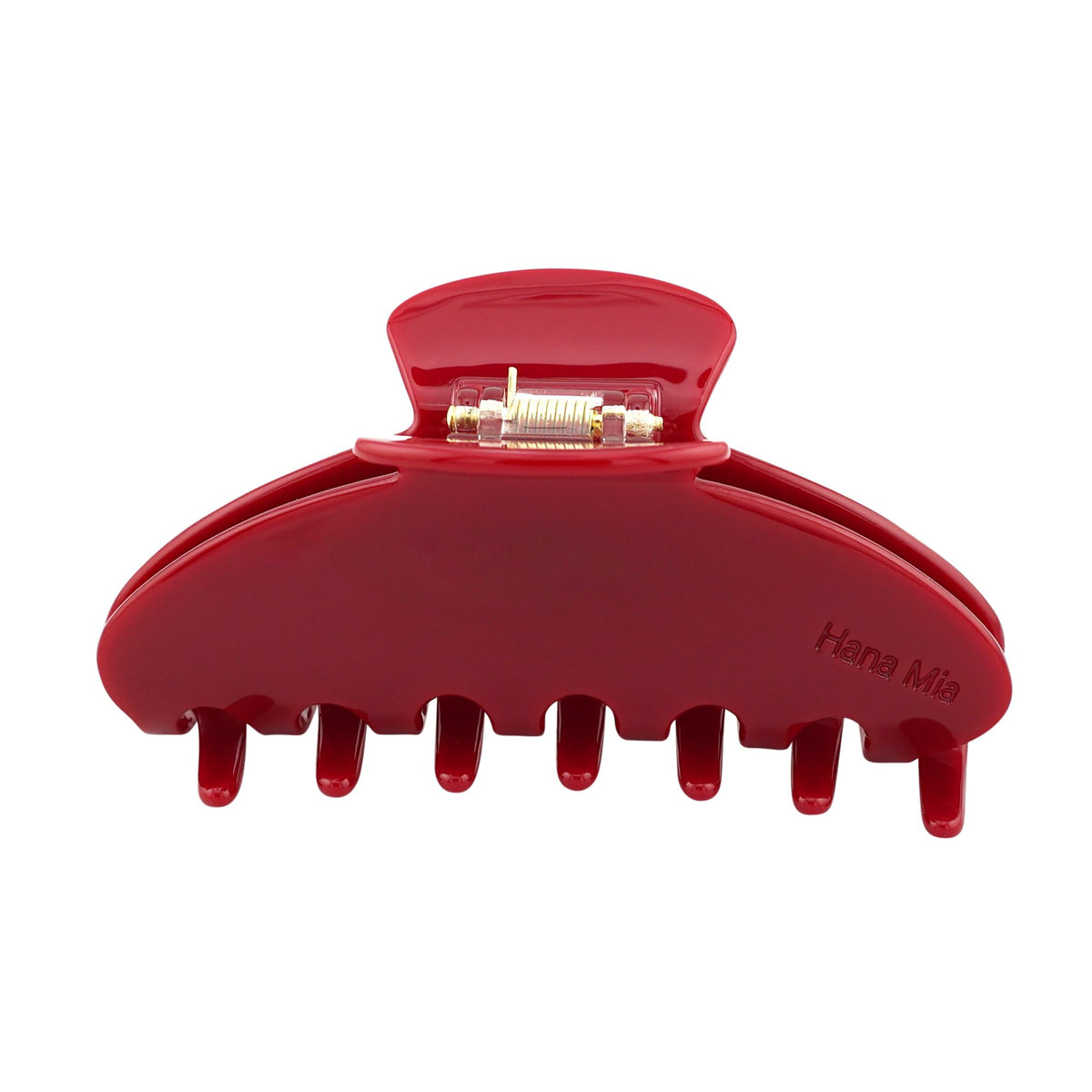 Hana Mia red claw clip 4inch closeup shows glossy acetate finish for smooth styling.
